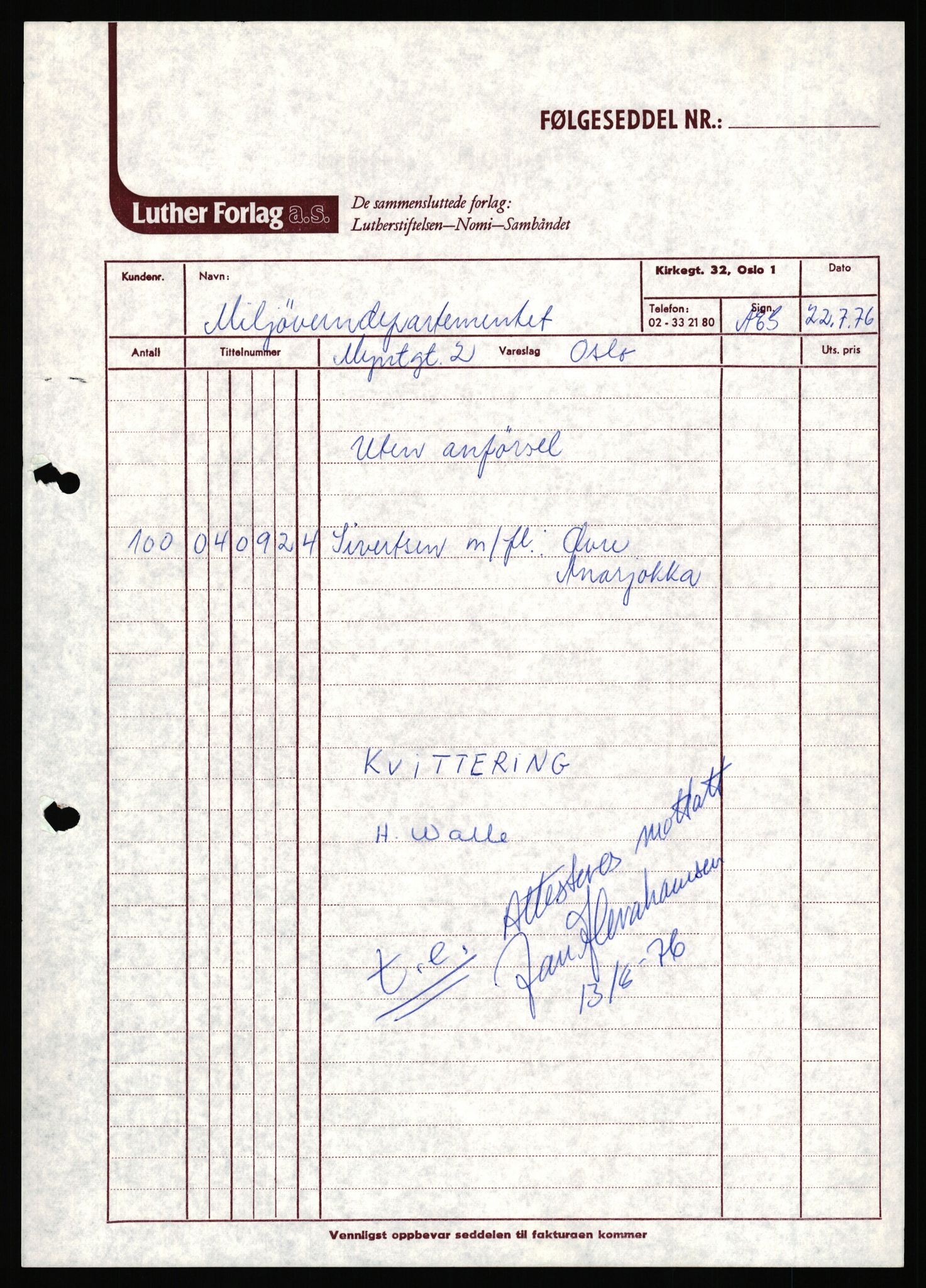 Miljøverndepartementet, AV/RA-S-2532/2/Dba/L0250: Nasjonalparker. Finnmark, 1976