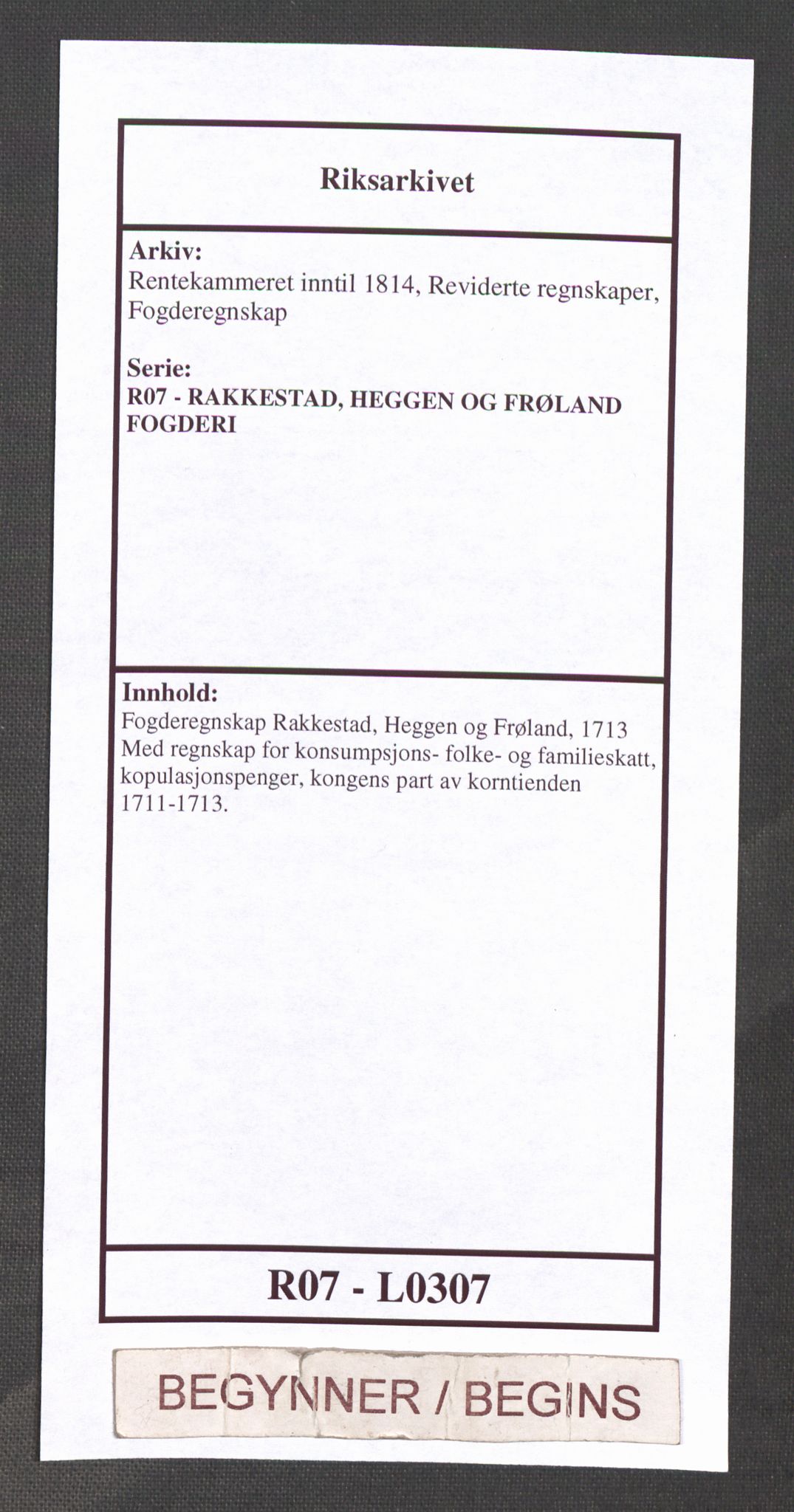 Rentekammeret inntil 1814, Reviderte regnskaper, Fogderegnskap, AV/RA-EA-4092/R07/L0307: Fogderegnskap Rakkestad, Heggen og Frøland, 1713, p. 1