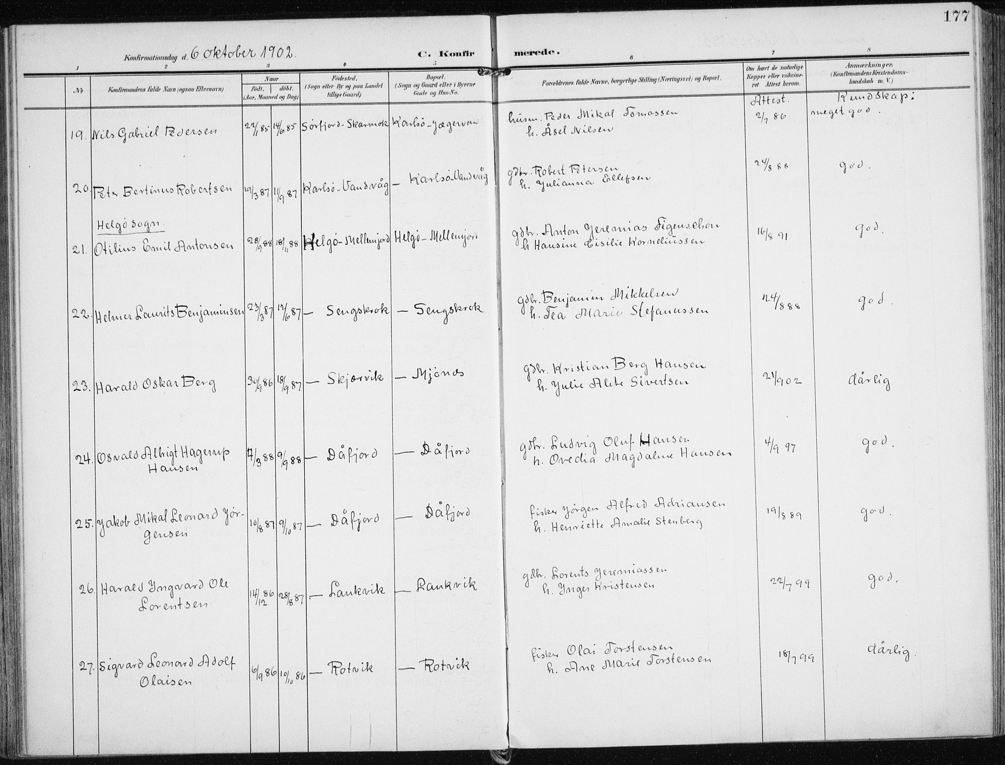 Karlsøy sokneprestembete, AV/SATØ-S-1299/H/Ha/Haa/L0014kirke: Parish register (official) no. 14, 1903-1917, p. 177