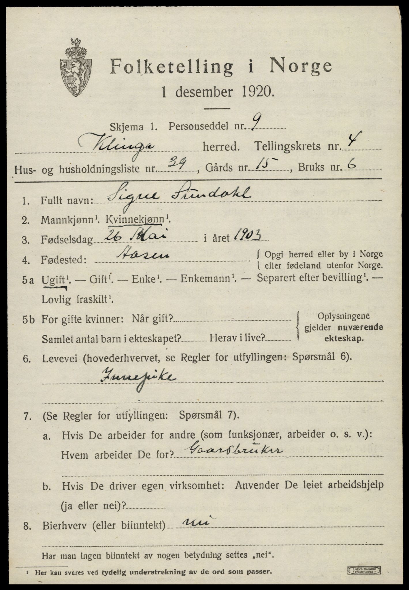 SAT, 1920 census for Klinga, 1920, p. 2857