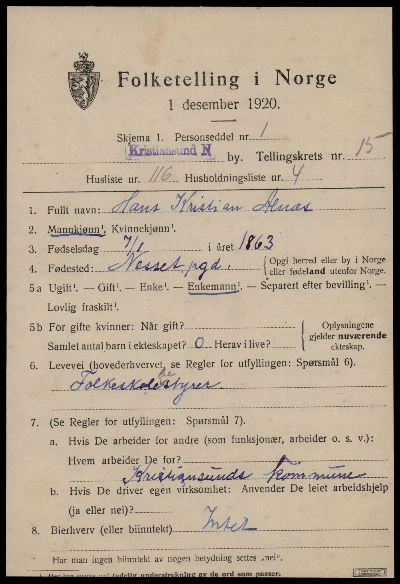 SAT, 1920 census for Kristiansund, 1920, p. 33825