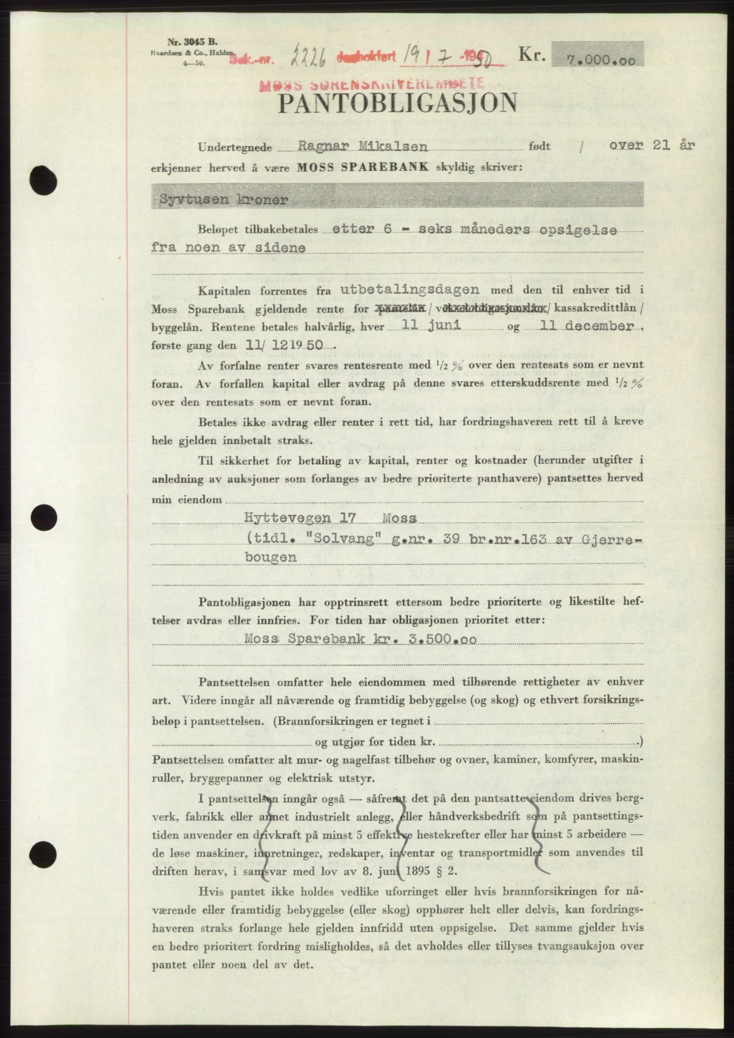 Moss sorenskriveri, AV/SAO-A-10168: Mortgage book no. B24, 1950-1950, Diary no: : 2226/1950