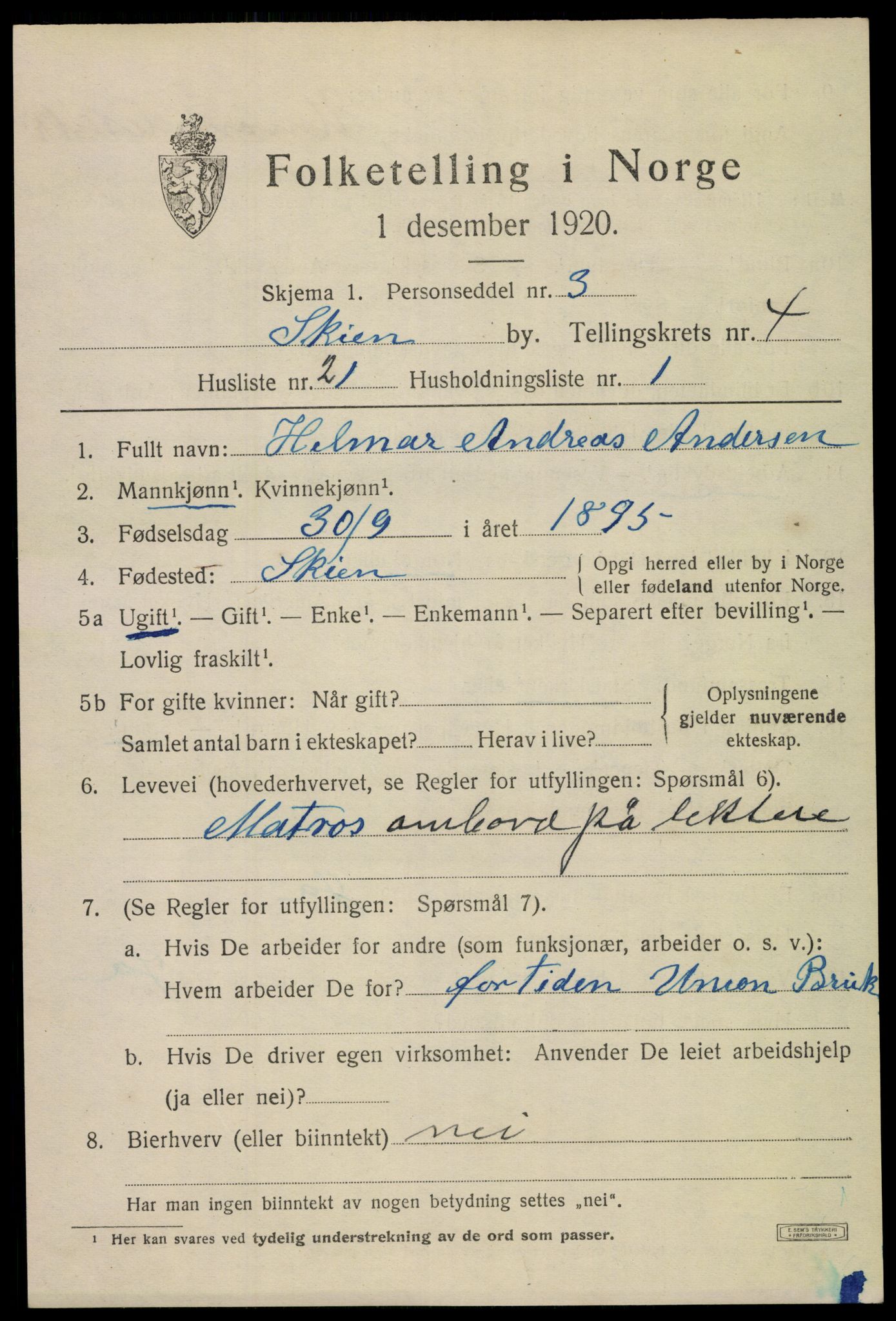 SAKO, 1920 census for Skien, 1920, p. 16946