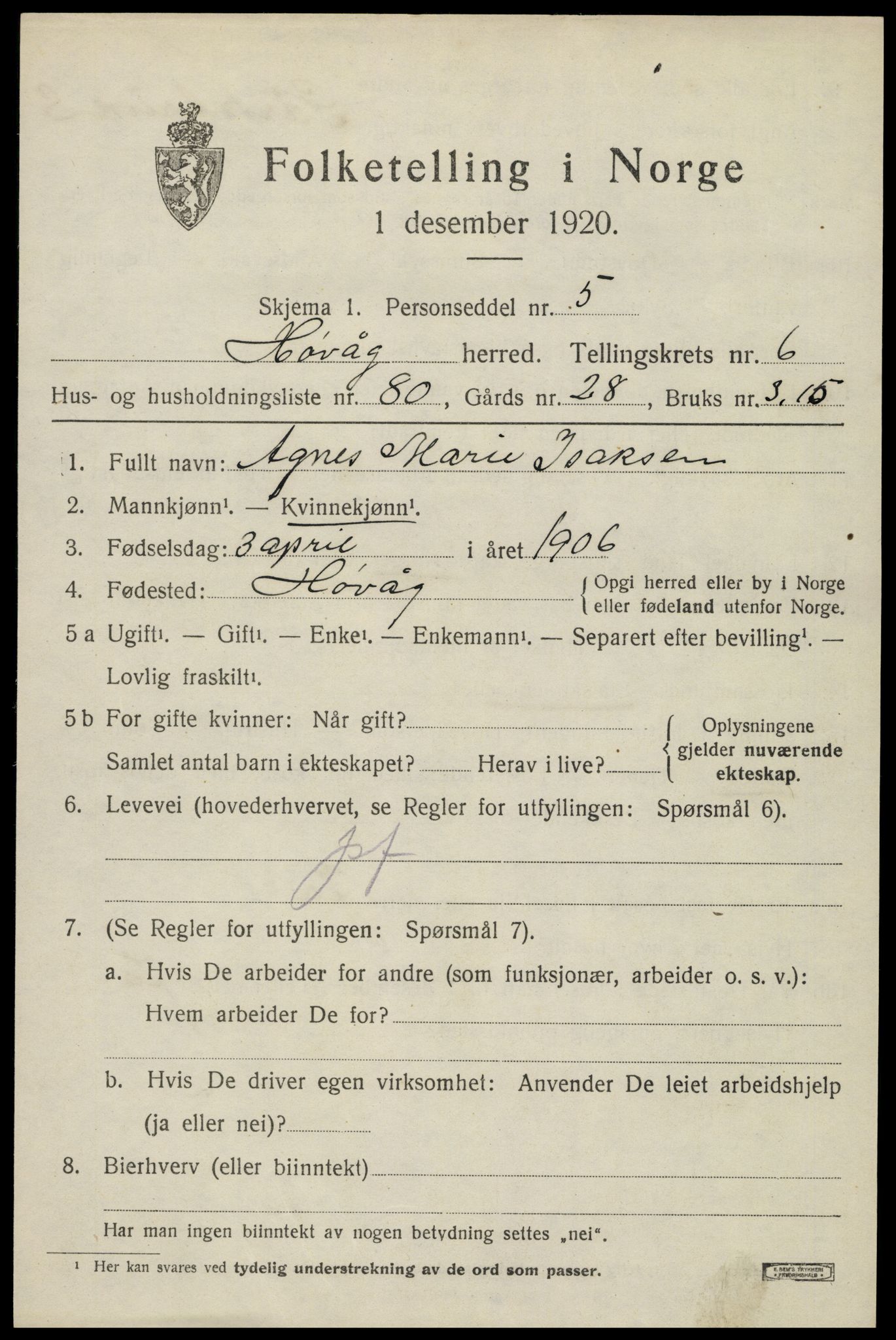 SAK, 1920 census for Høvåg, 1920, p. 3812