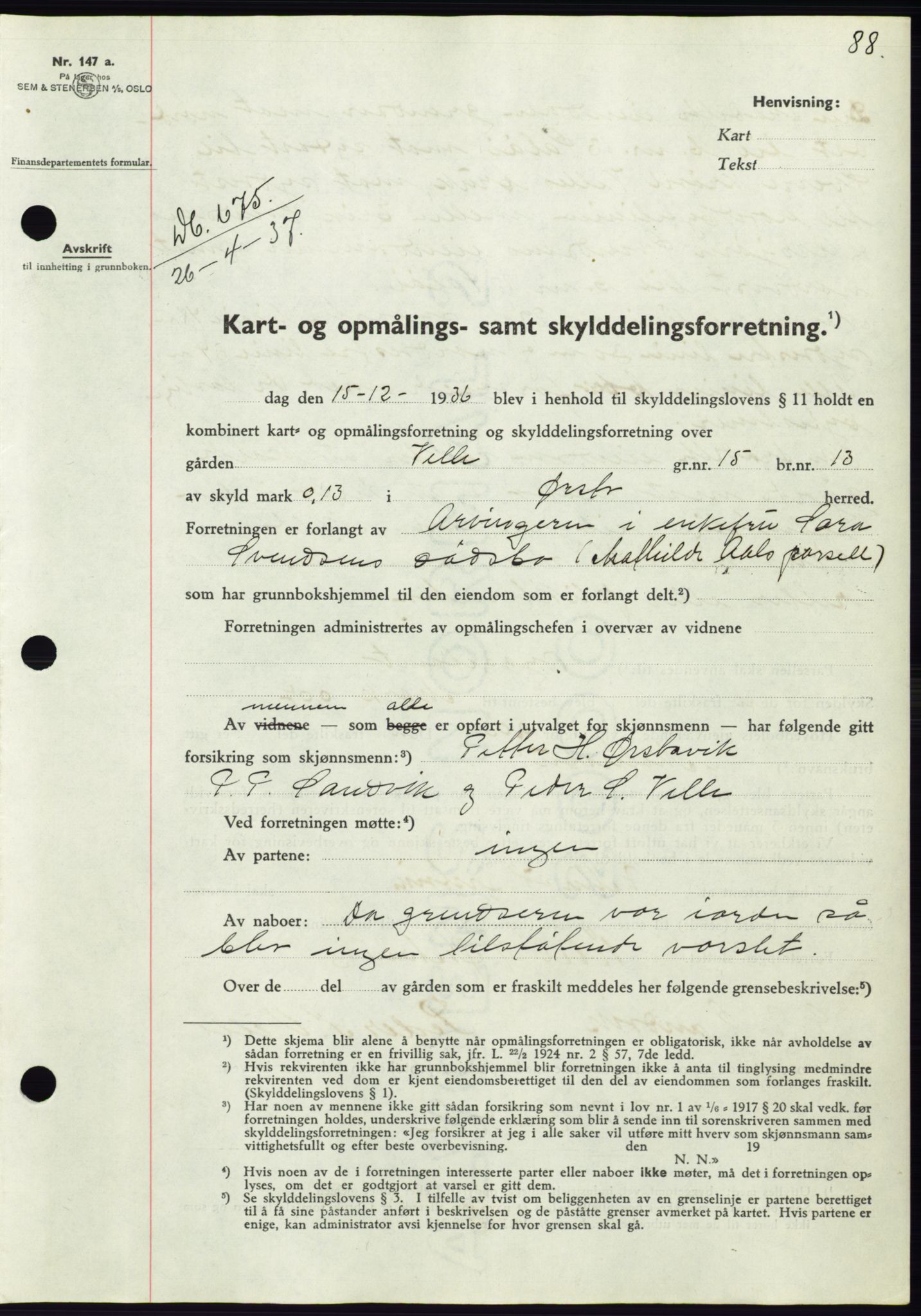 Søre Sunnmøre sorenskriveri, AV/SAT-A-4122/1/2/2C/L0063: Mortgage book no. 57, 1937-1937, Diary no: : 675/1937