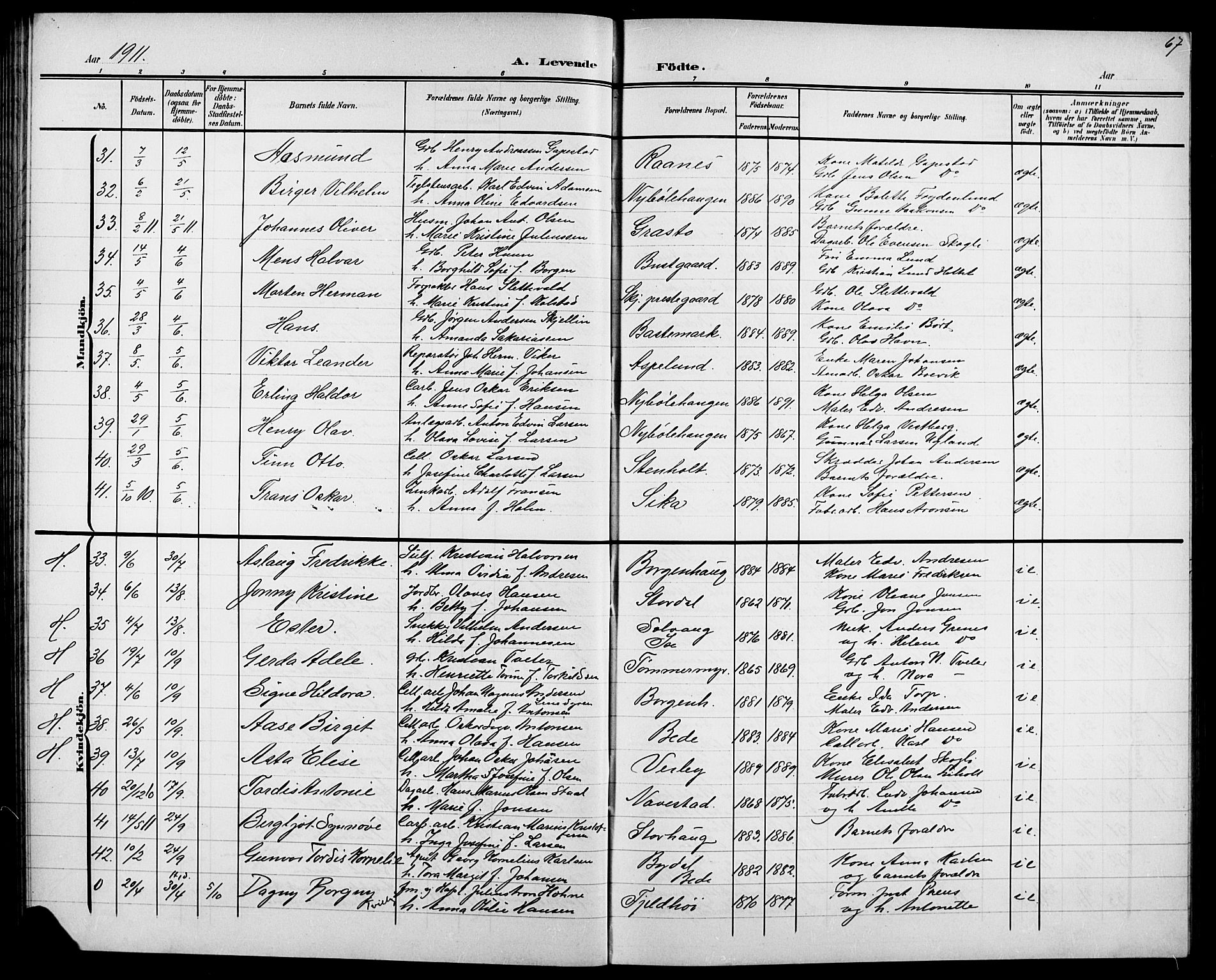 Skjeberg prestekontor Kirkebøker, SAO/A-10923/G/Ga/L0002: Parish register (copy) no. I 2, 1901-1924, p. 67