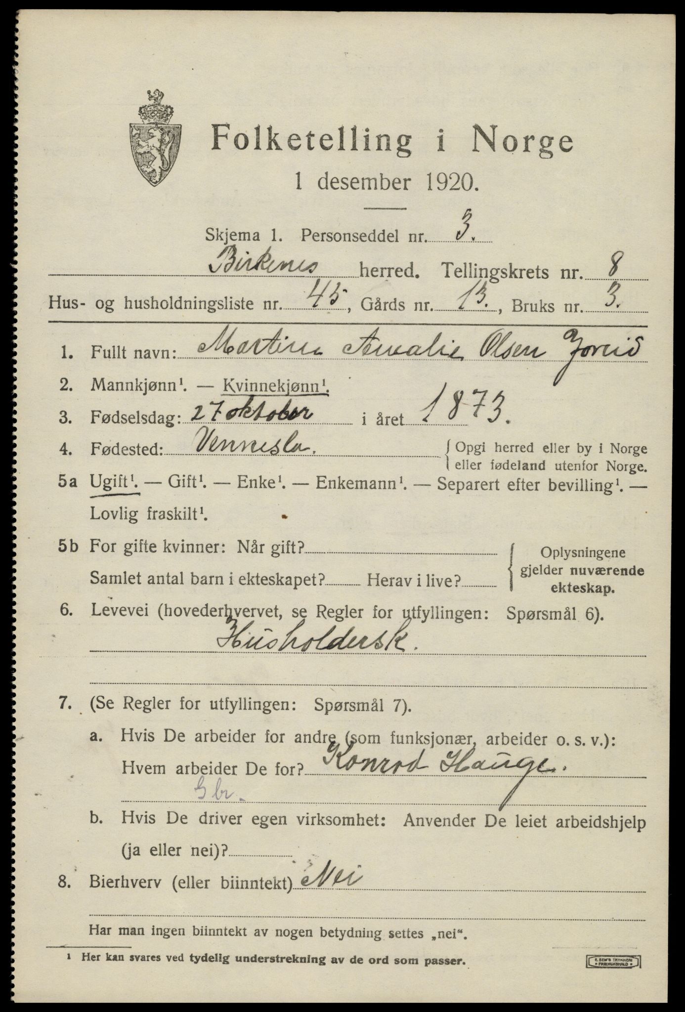 SAK, 1920 census for Birkenes, 1920, p. 4557