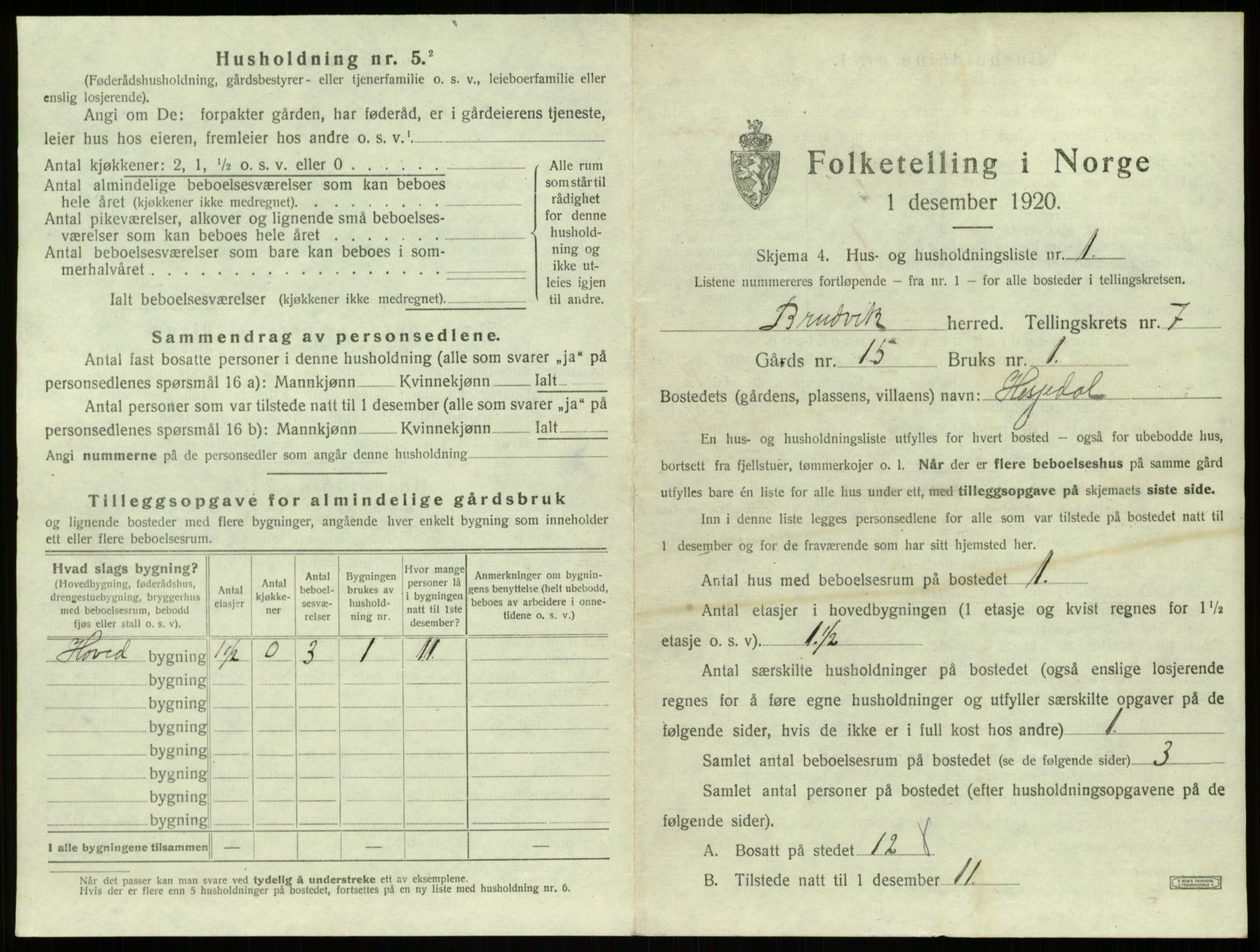 SAB, 1920 census for Bruvik, 1920, p. 527