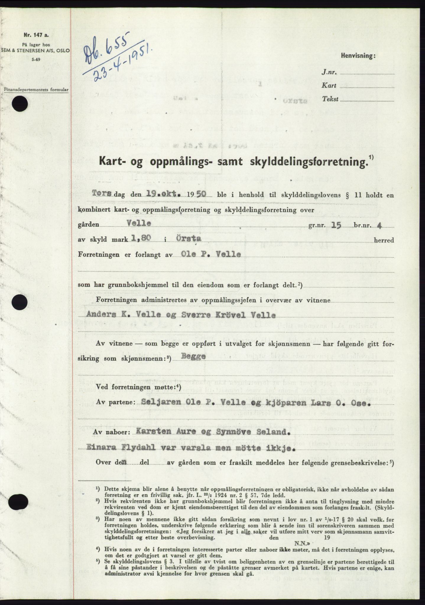 Søre Sunnmøre sorenskriveri, AV/SAT-A-4122/1/2/2C/L0089: Mortgage book no. 15A, 1951-1951, Diary no: : 655/1951