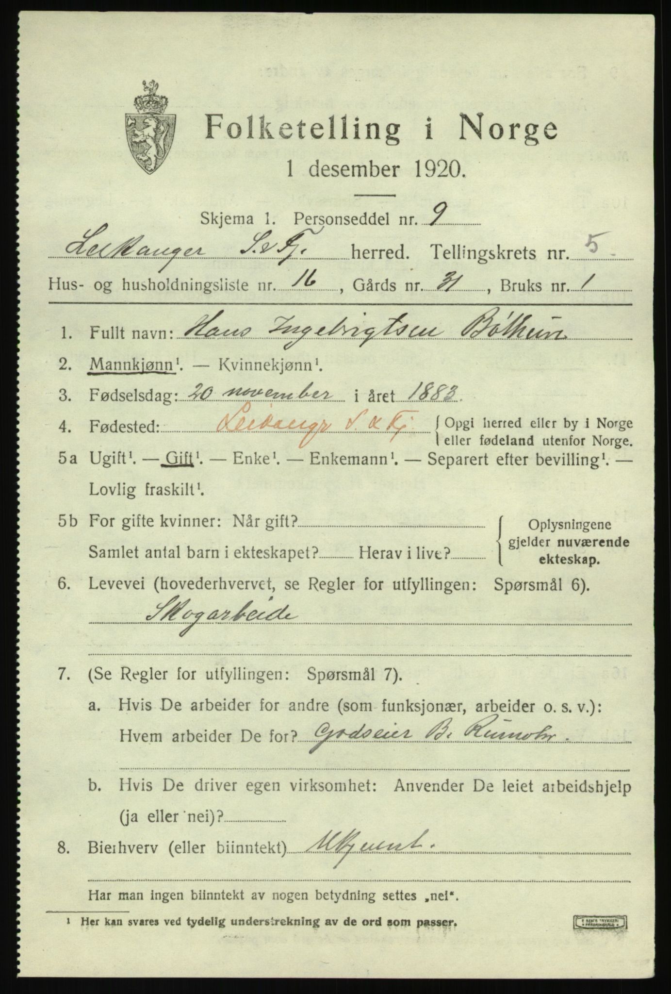 SAB, 1920 census for Leikanger, 1920, p. 3792