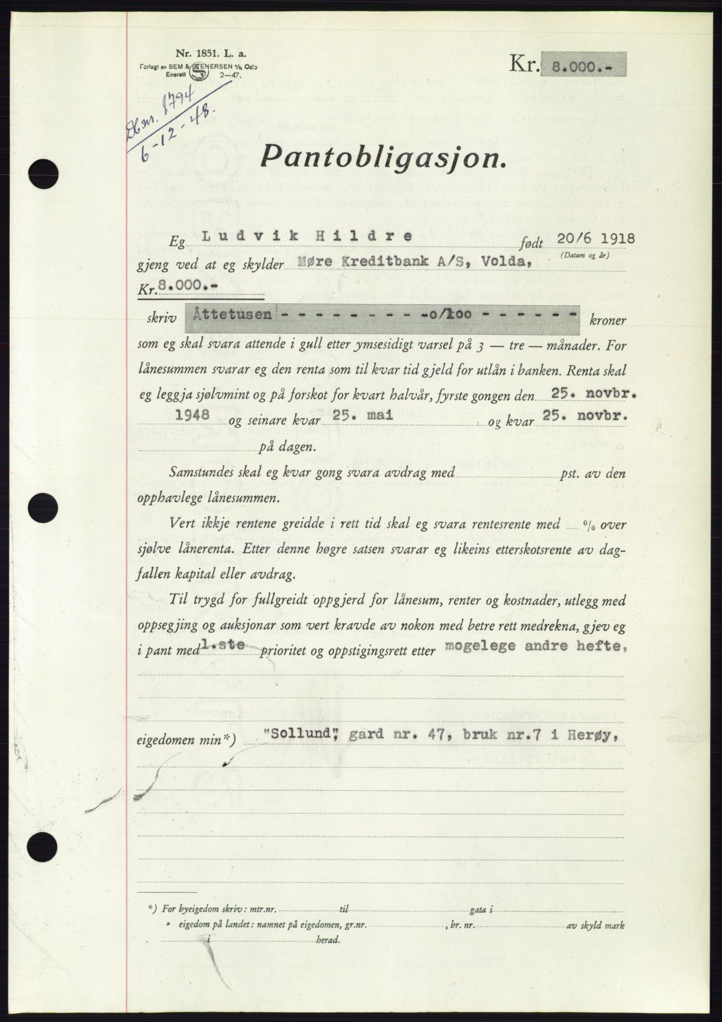 Søre Sunnmøre sorenskriveri, AV/SAT-A-4122/1/2/2C/L0116: Mortgage book no. 4B, 1948-1949, Diary no: : 1795/1948