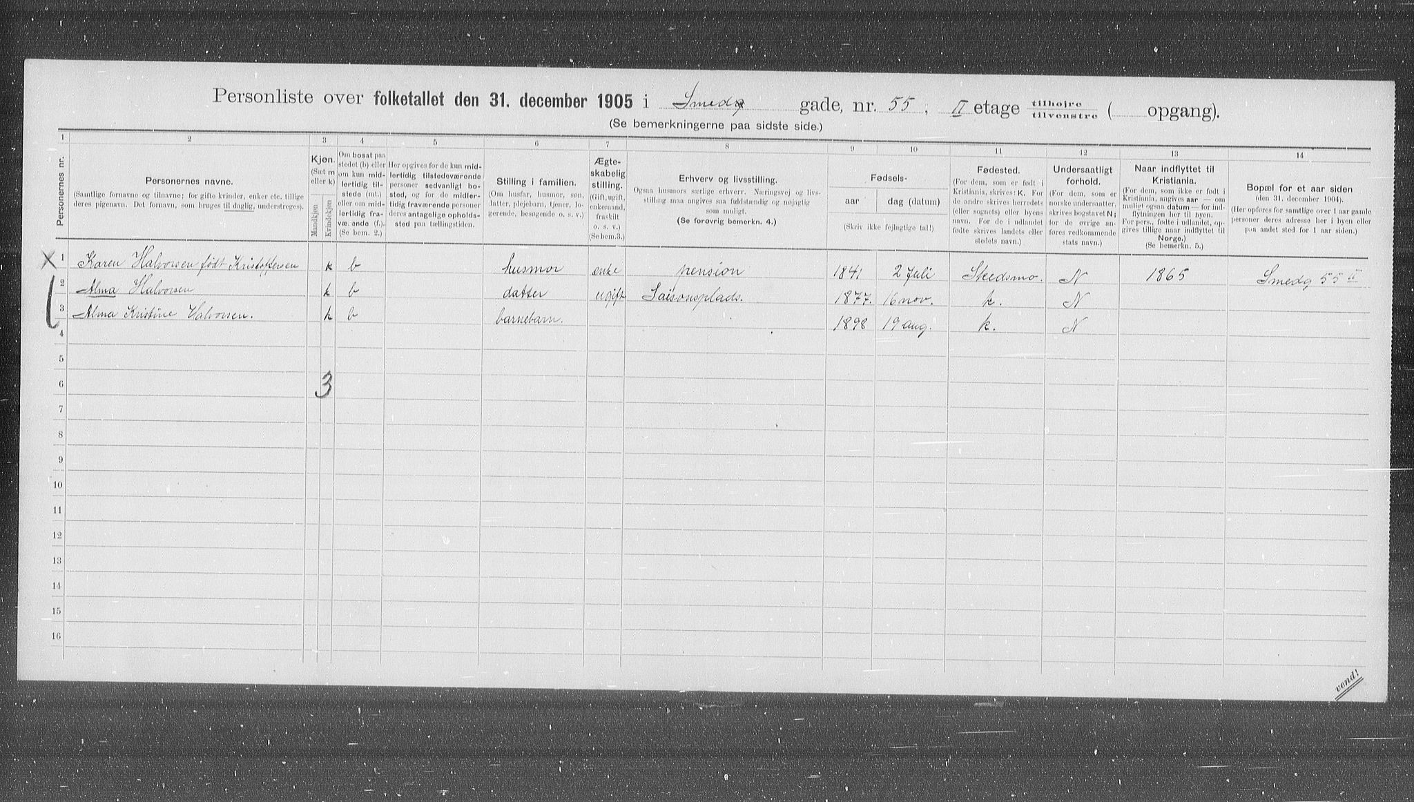 OBA, Municipal Census 1905 for Kristiania, 1905, p. 50684