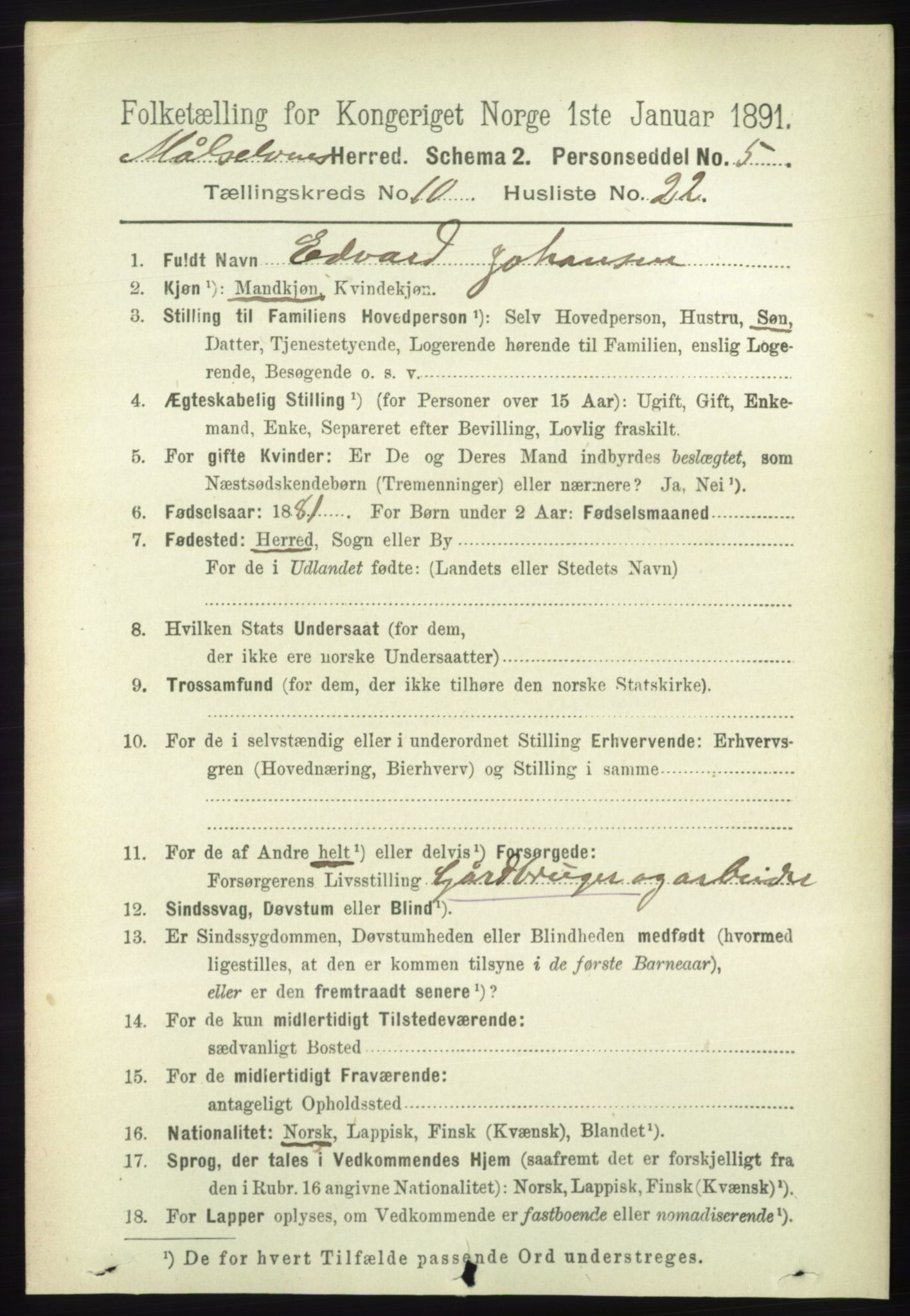 RA, 1891 census for 1924 Målselv, 1891, p. 3167