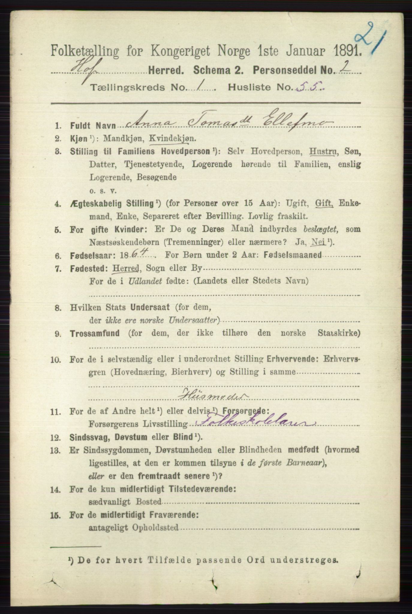 RA, 1891 census for 0714 Hof, 1891, p. 391