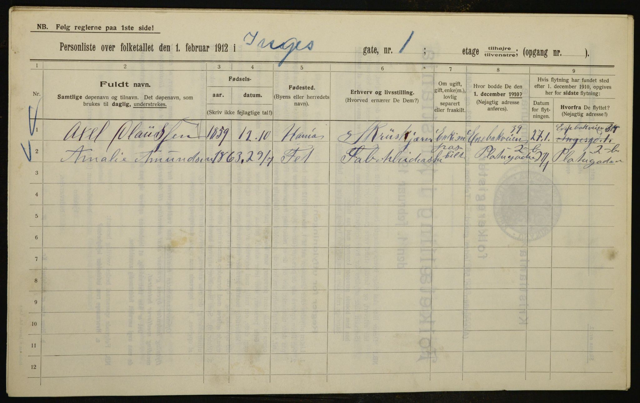 OBA, Municipal Census 1912 for Kristiania, 1912, p. 44287