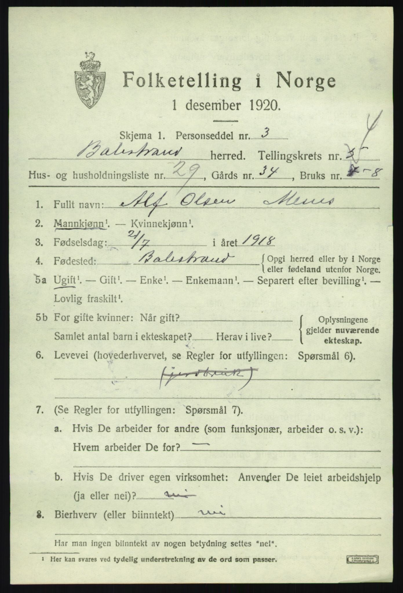 SAB, 1920 census for Balestrand, 1920, p. 2480