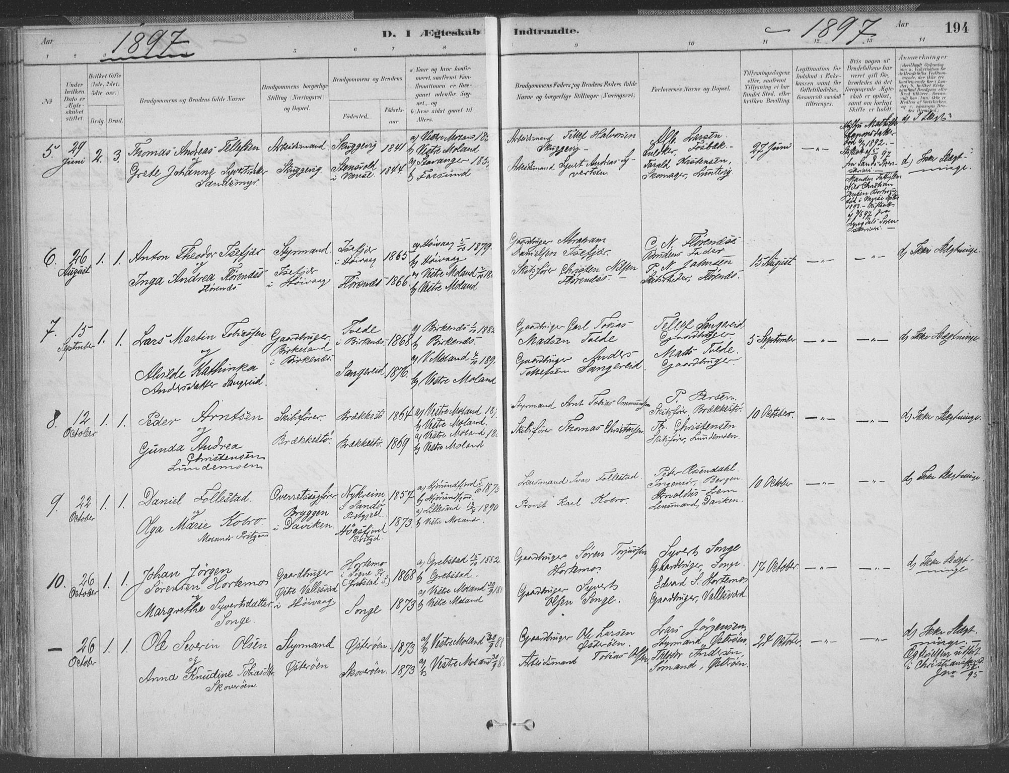 Vestre Moland sokneprestkontor, AV/SAK-1111-0046/F/Fa/Fab/L0009: Parish register (official) no. A 9, 1884-1899, p. 194