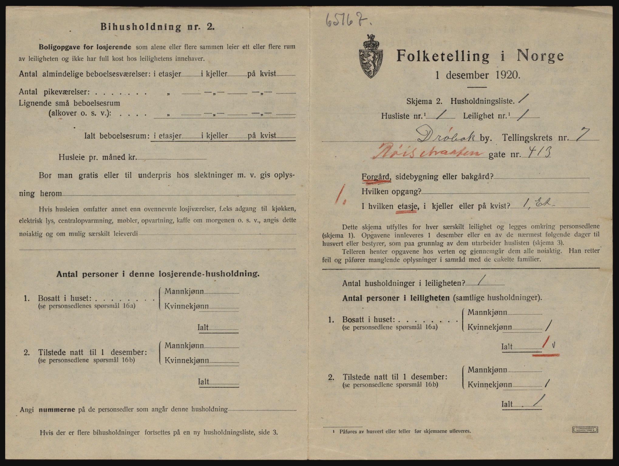 SAO, 1920 census for Drøbak, 1920, p. 1707