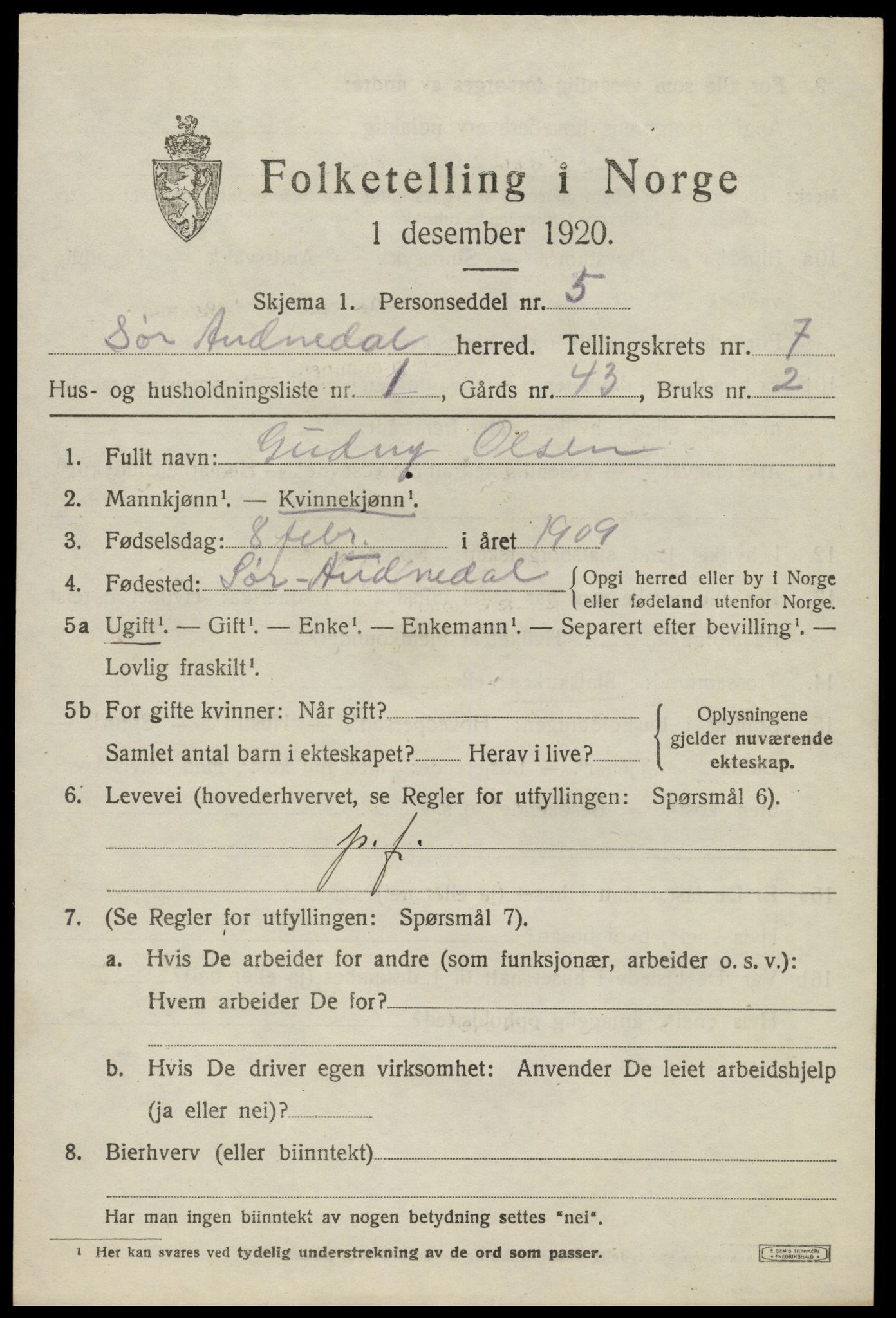 SAK, 1920 census for Sør-Audnedal, 1920, p. 2999