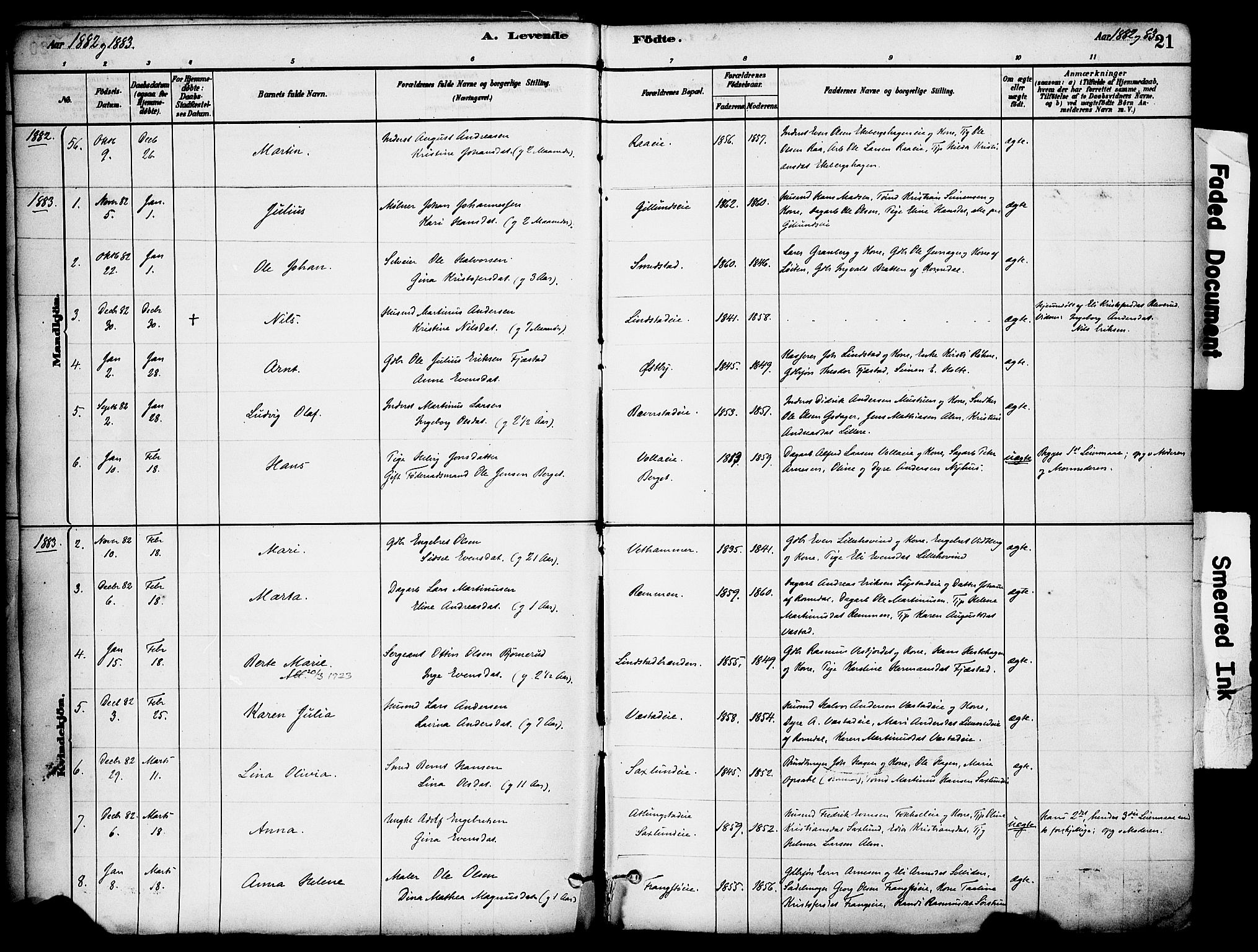 Stange prestekontor, AV/SAH-PREST-002/K/L0017: Parish register (official) no. 17, 1880-1893, p. 21