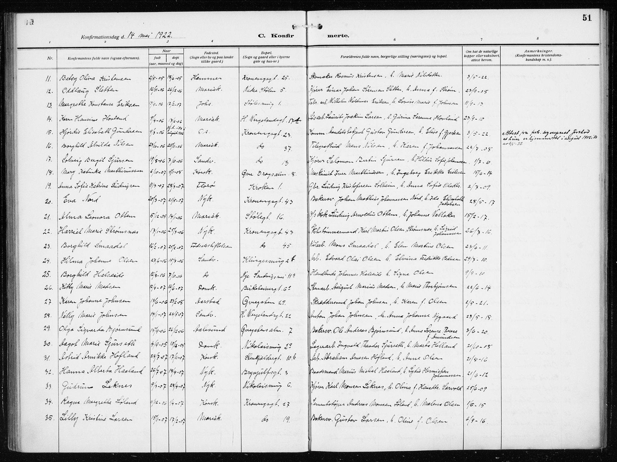 Mariakirken Sokneprestembete, AV/SAB-A-76901/H/Haa/L0015: Parish register (official) no. C 3, 1913-1927, p. 51