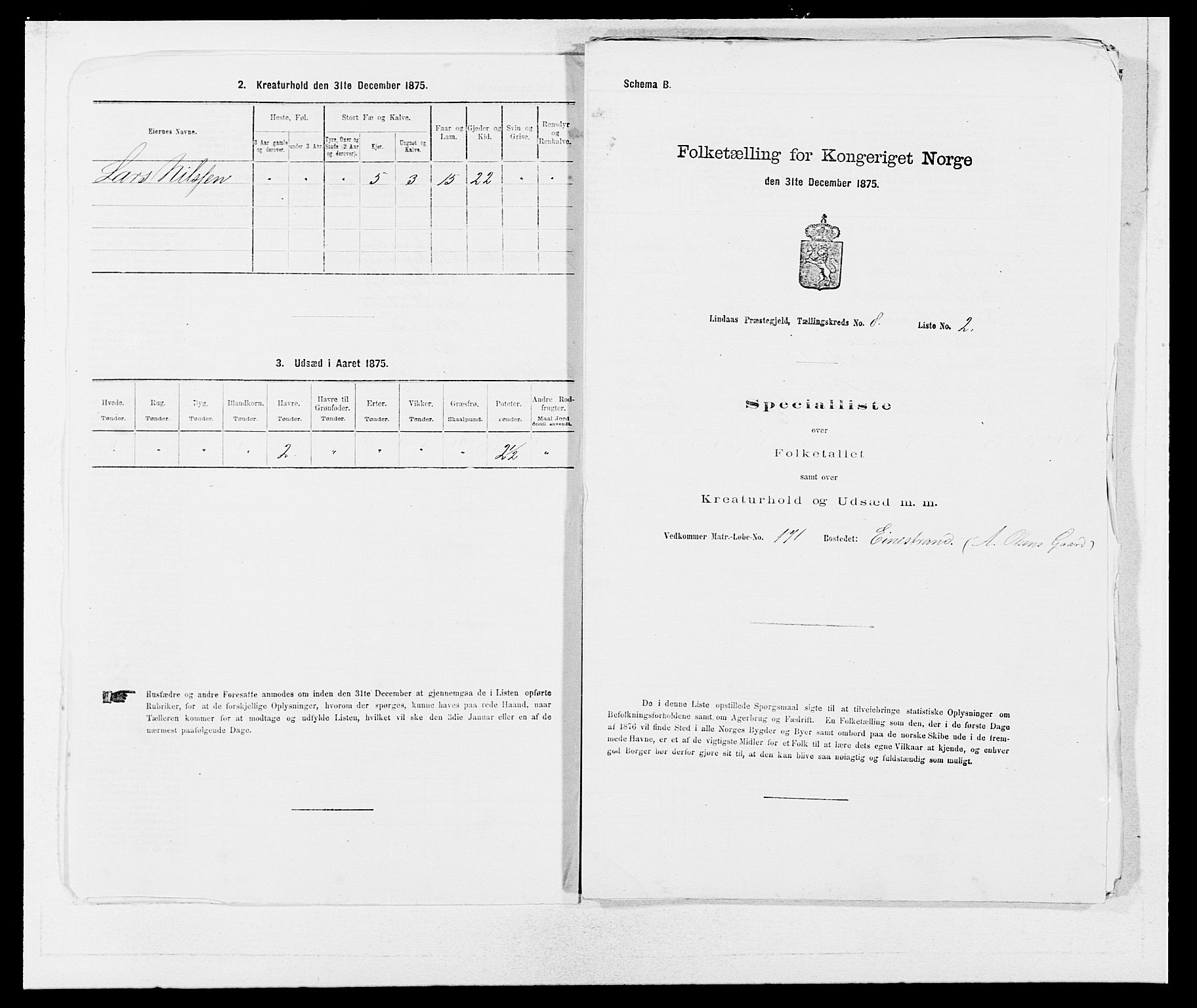 SAB, 1875 census for 1263P Lindås, 1875, p. 636