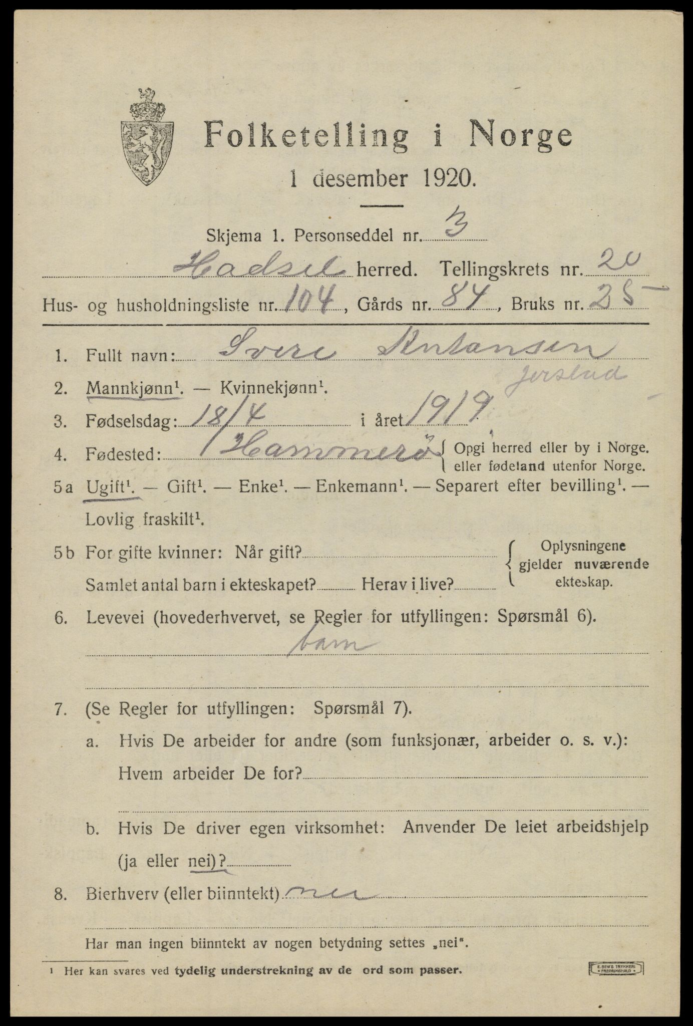 SAT, 1920 census for Hadsel, 1920, p. 19440