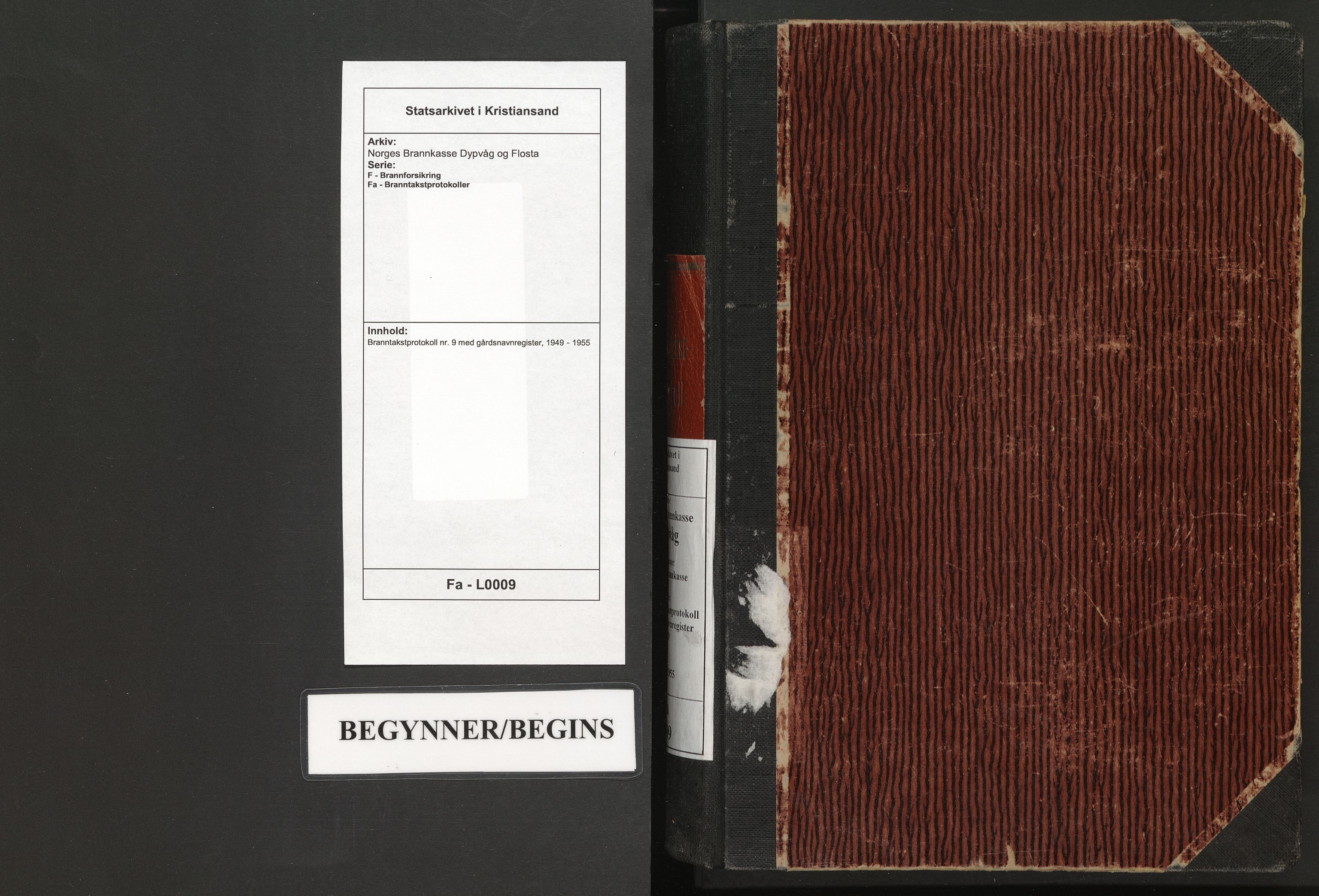 Norges Brannkasse Dypvåg og Flosta, AV/SAK-2241-0008/F/Fa/L0009: Branntakstprotokoll nr. 9 med gårdsnavnregister, 1949-1955