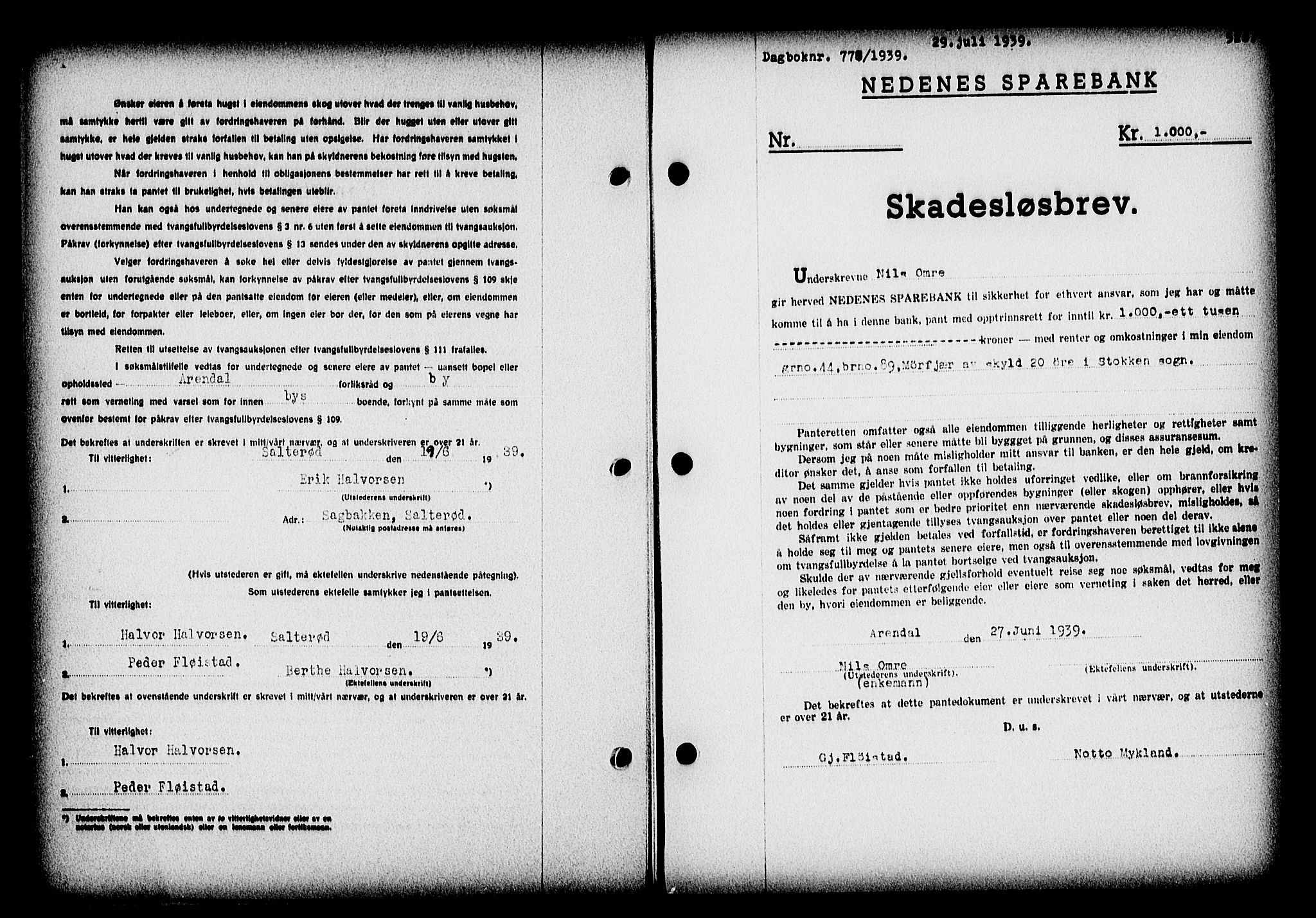 Nedenes sorenskriveri, SAK/1221-0006/G/Gb/Gba/L0046: Mortgage book no. 42, 1938-1939, Diary no: : 778/1939