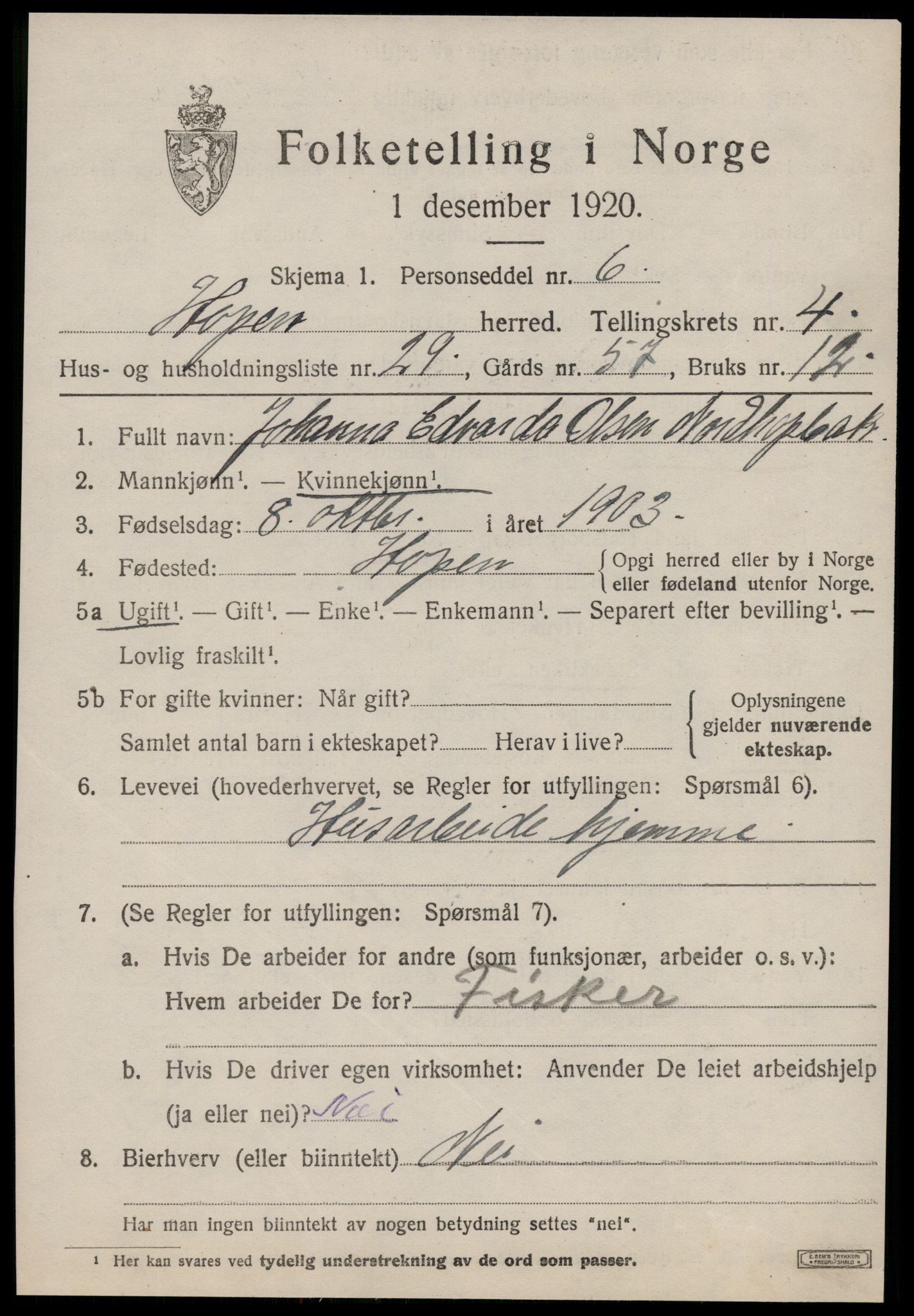 SAT, 1920 census for Hopen, 1920, p. 2346