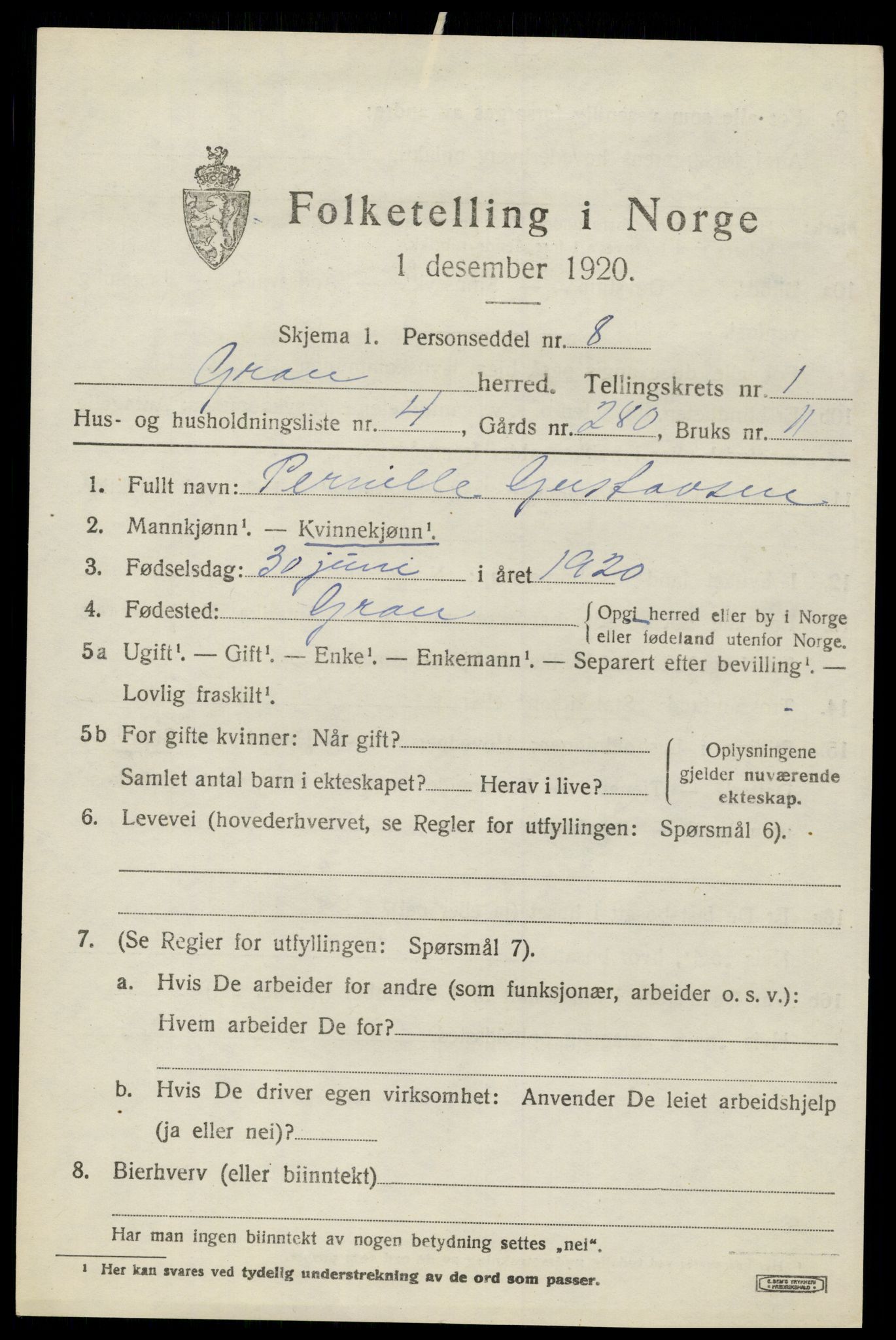 SAH, 1920 census for Gran, 1920, p. 1726