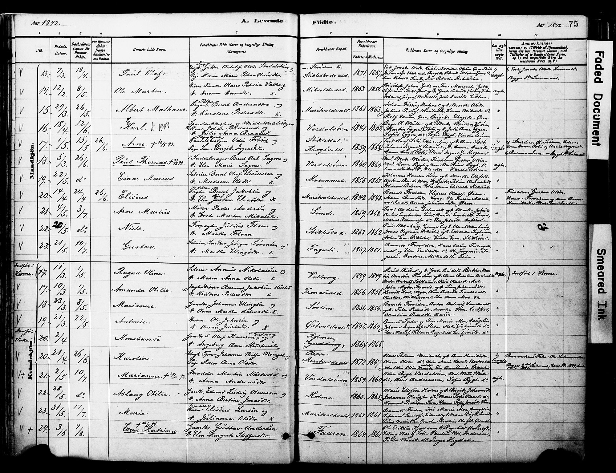 Ministerialprotokoller, klokkerbøker og fødselsregistre - Nord-Trøndelag, SAT/A-1458/723/L0244: Parish register (official) no. 723A13, 1881-1899, p. 75