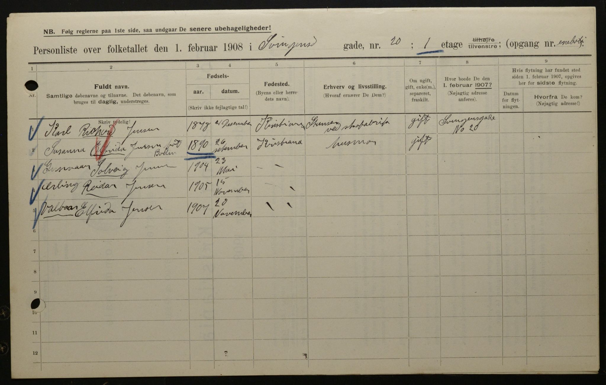 OBA, Municipal Census 1908 for Kristiania, 1908, p. 95474