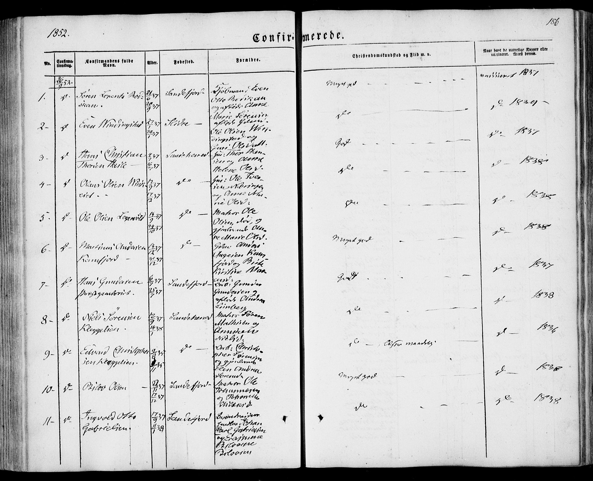 Sandar kirkebøker, SAKO/A-243/F/Fa/L0006: Parish register (official) no. 6, 1847-1860, p. 186