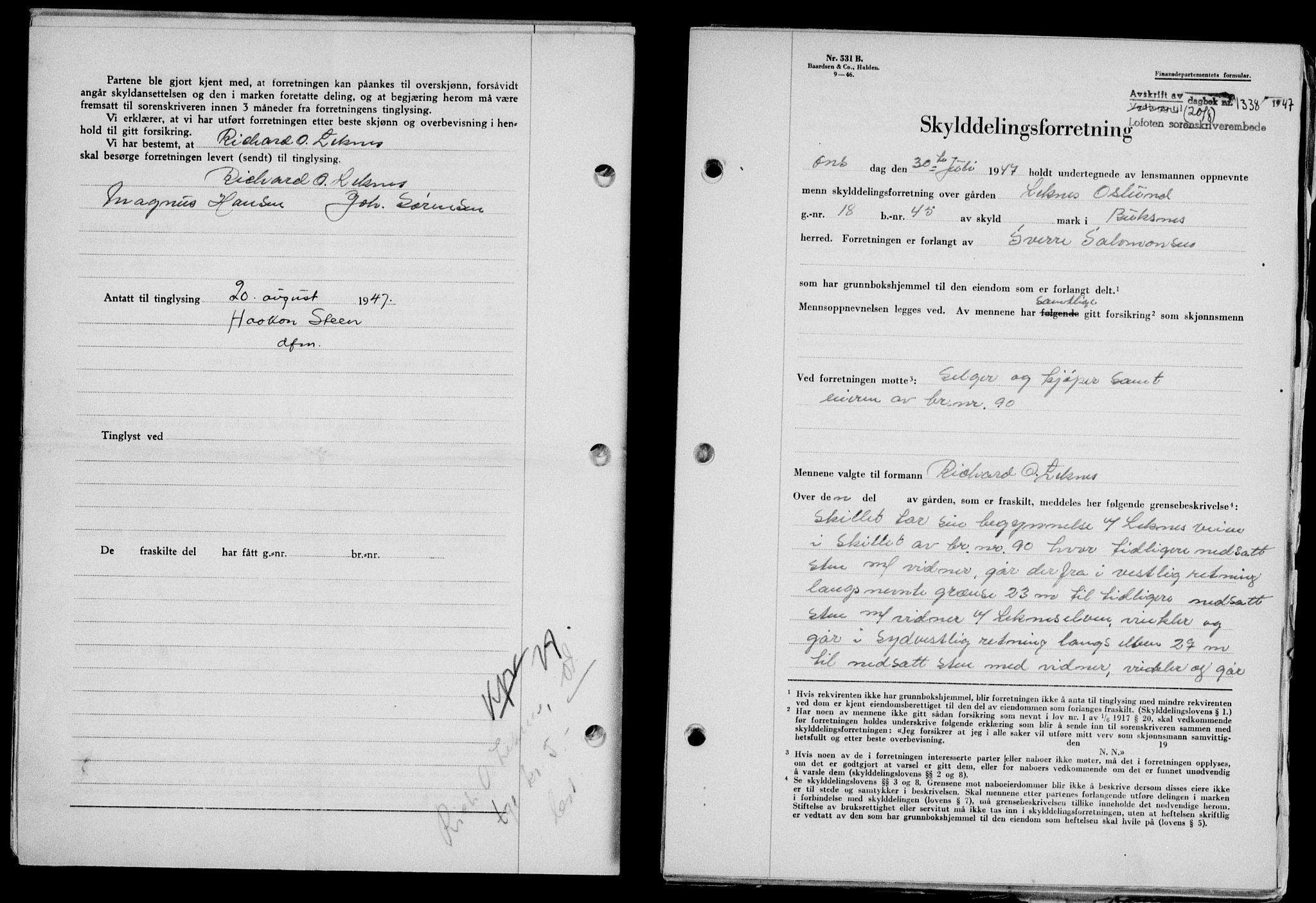 Lofoten sorenskriveri, SAT/A-0017/1/2/2C/L0016a: Mortgage book no. 16a, 1947-1947, Diary no: : 1338/1947