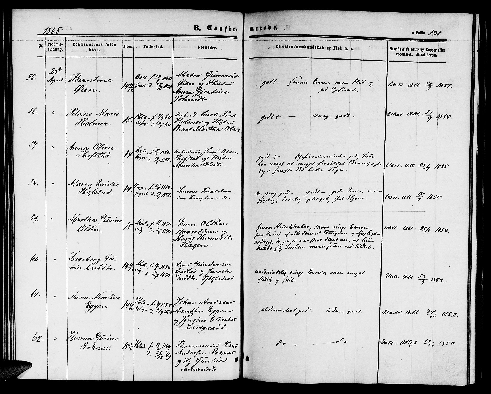 Ministerialprotokoller, klokkerbøker og fødselsregistre - Sør-Trøndelag, AV/SAT-A-1456/604/L0185: Parish register (official) no. 604A06, 1861-1865, p. 130