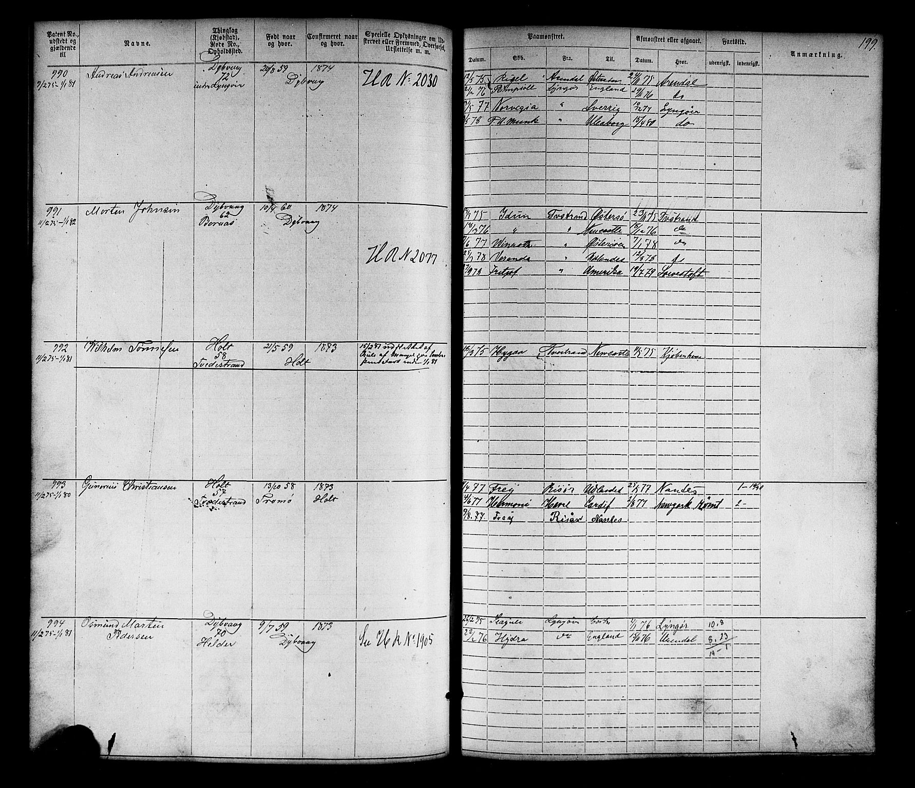 Tvedestrand mønstringskrets, SAK/2031-0011/F/Fa/L0003: Annotasjonsrulle nr 1-1905 med register, U-25, 1866-1886, p. 222
