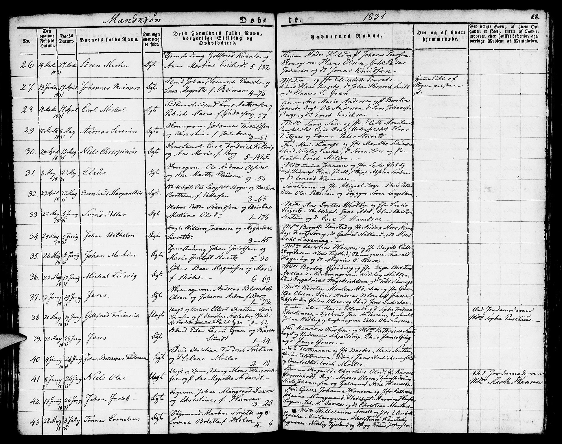 Nykirken Sokneprestembete, SAB/A-77101/H/Haa/L0012: Parish register (official) no. A 12, 1821-1844, p. 68