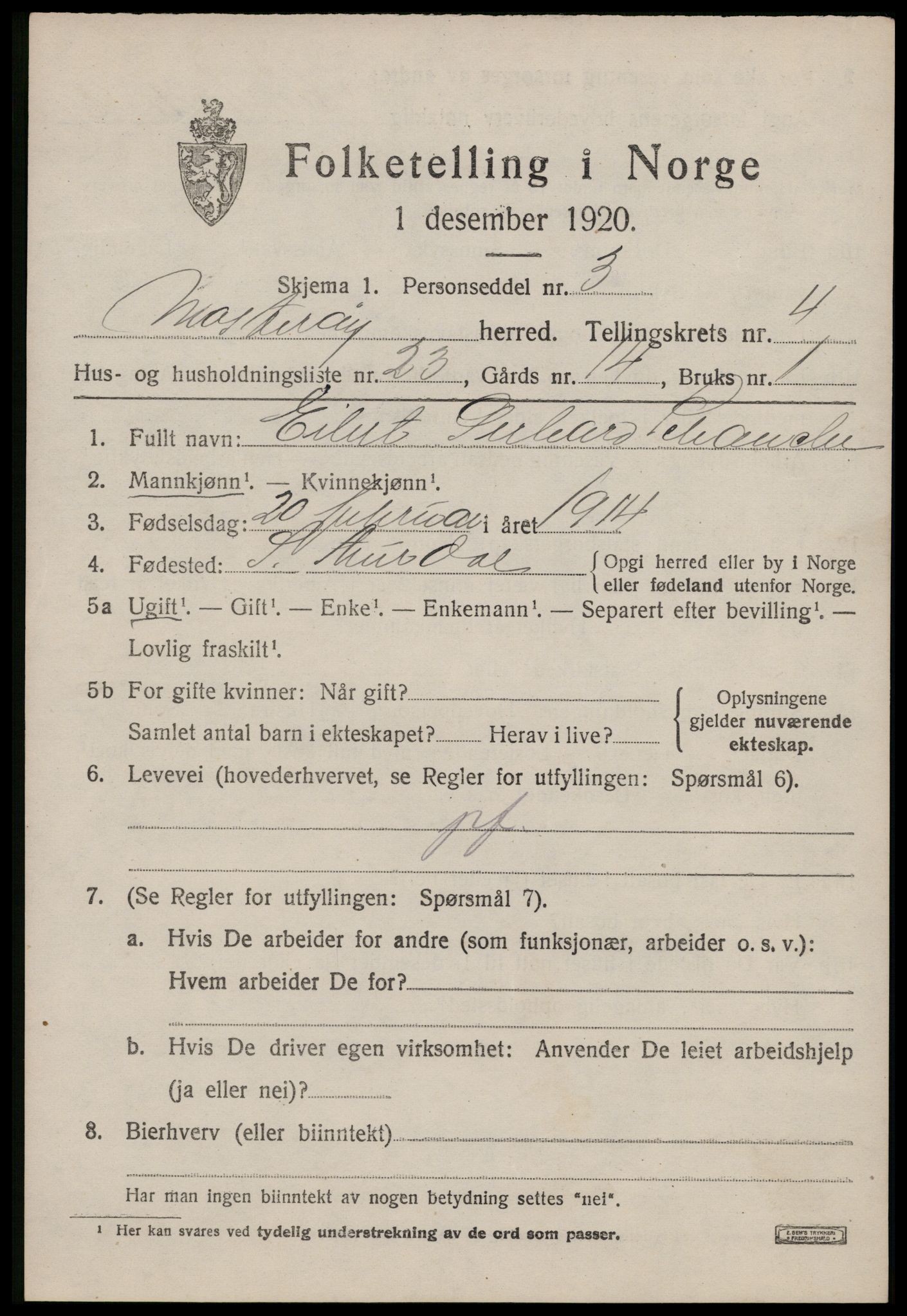 SAST, 1920 census for Mosterøy, 1920, p. 1906