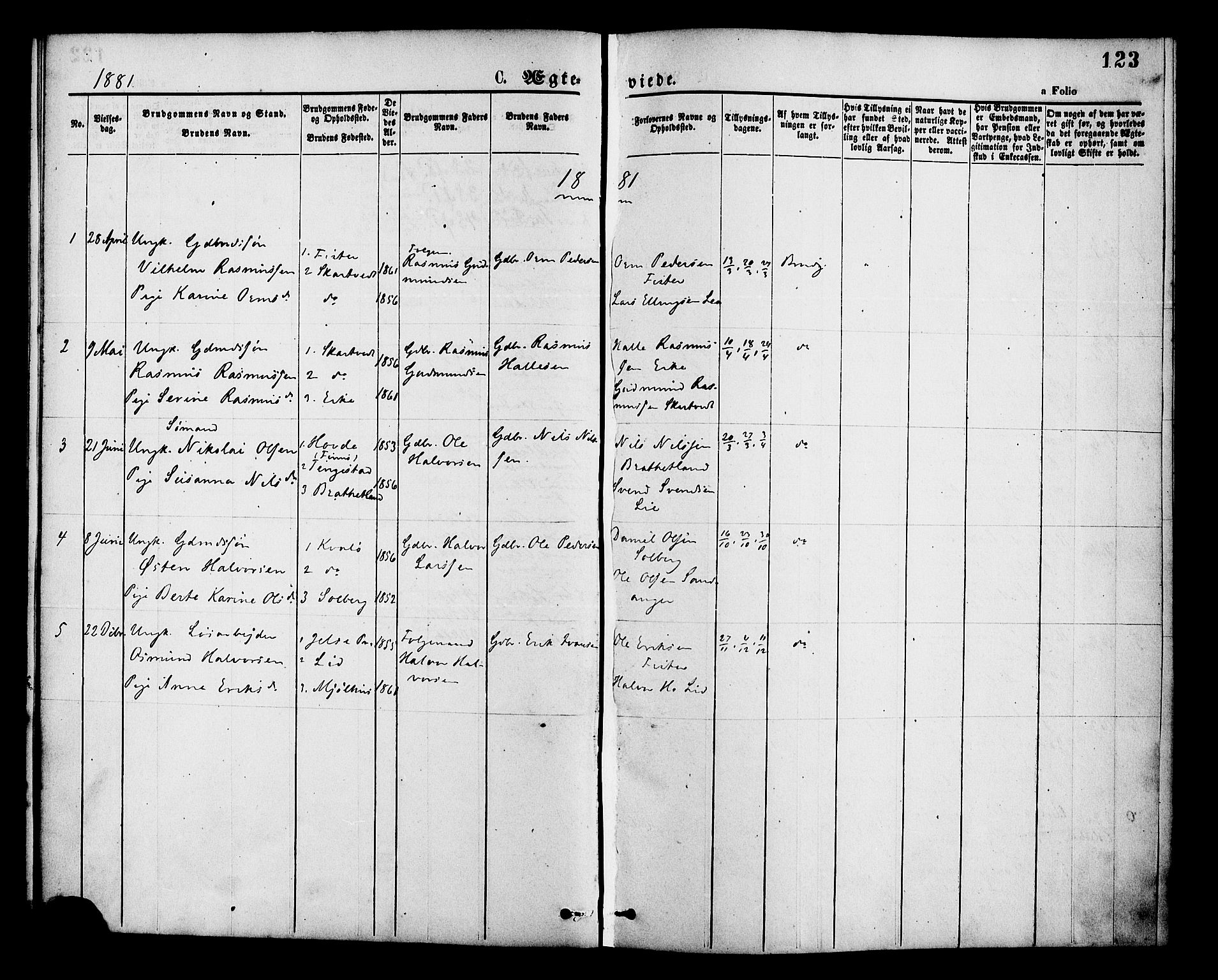 Hjelmeland sokneprestkontor, SAST/A-101843/01/IV/L0013: Parish register (official) no. A 13, 1872-1886, p. 123