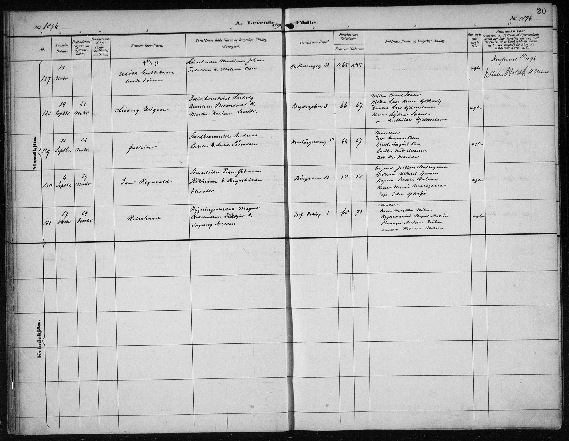 Korskirken sokneprestembete, AV/SAB-A-76101/H/Hab: Parish register (copy) no. B 10, 1896-1905, p. 20