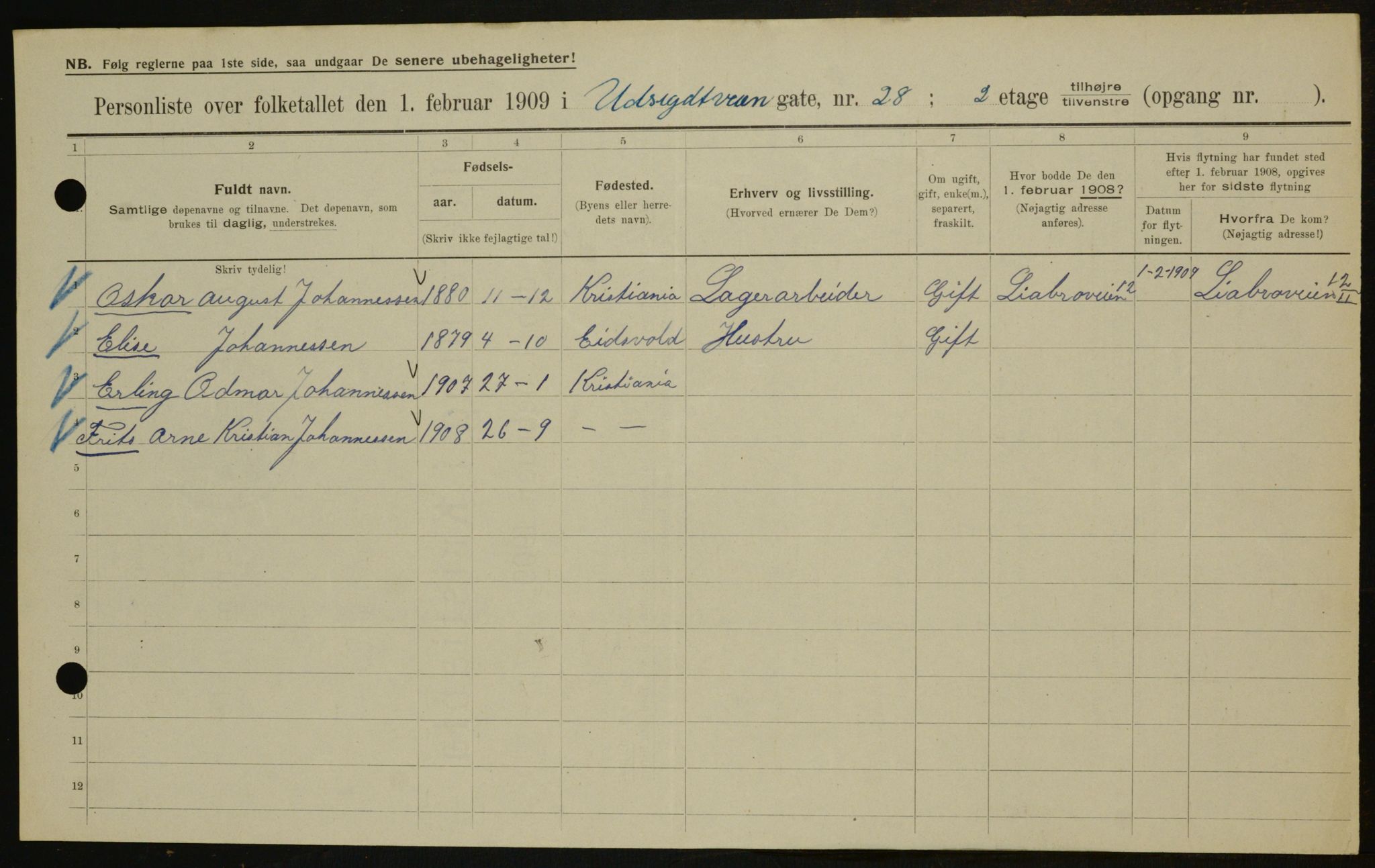 OBA, Municipal Census 1909 for Kristiania, 1909, p. 110120