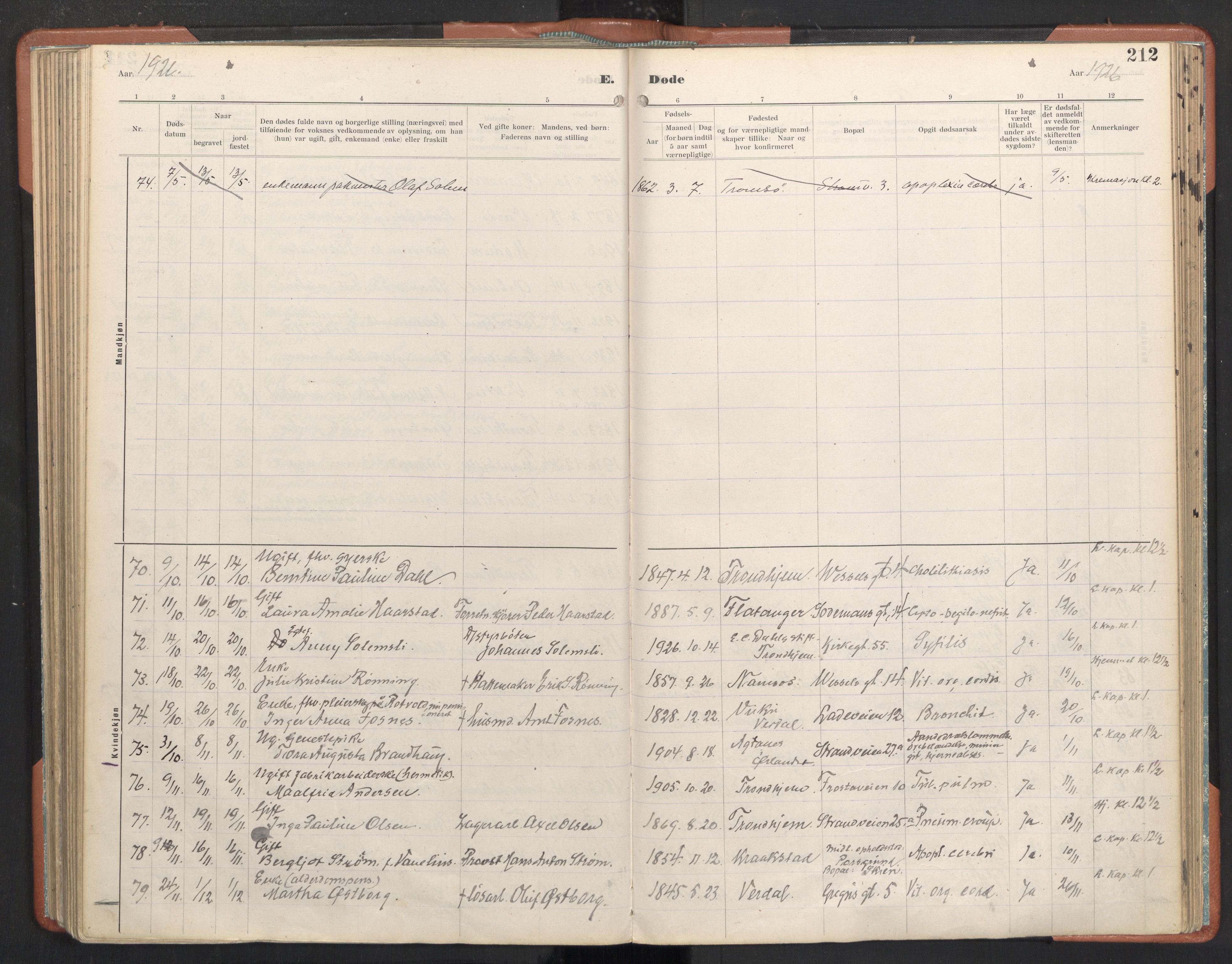 Ministerialprotokoller, klokkerbøker og fødselsregistre - Sør-Trøndelag, SAT/A-1456/605/L0245: Parish register (official) no. 605A07, 1916-1938, p. 212