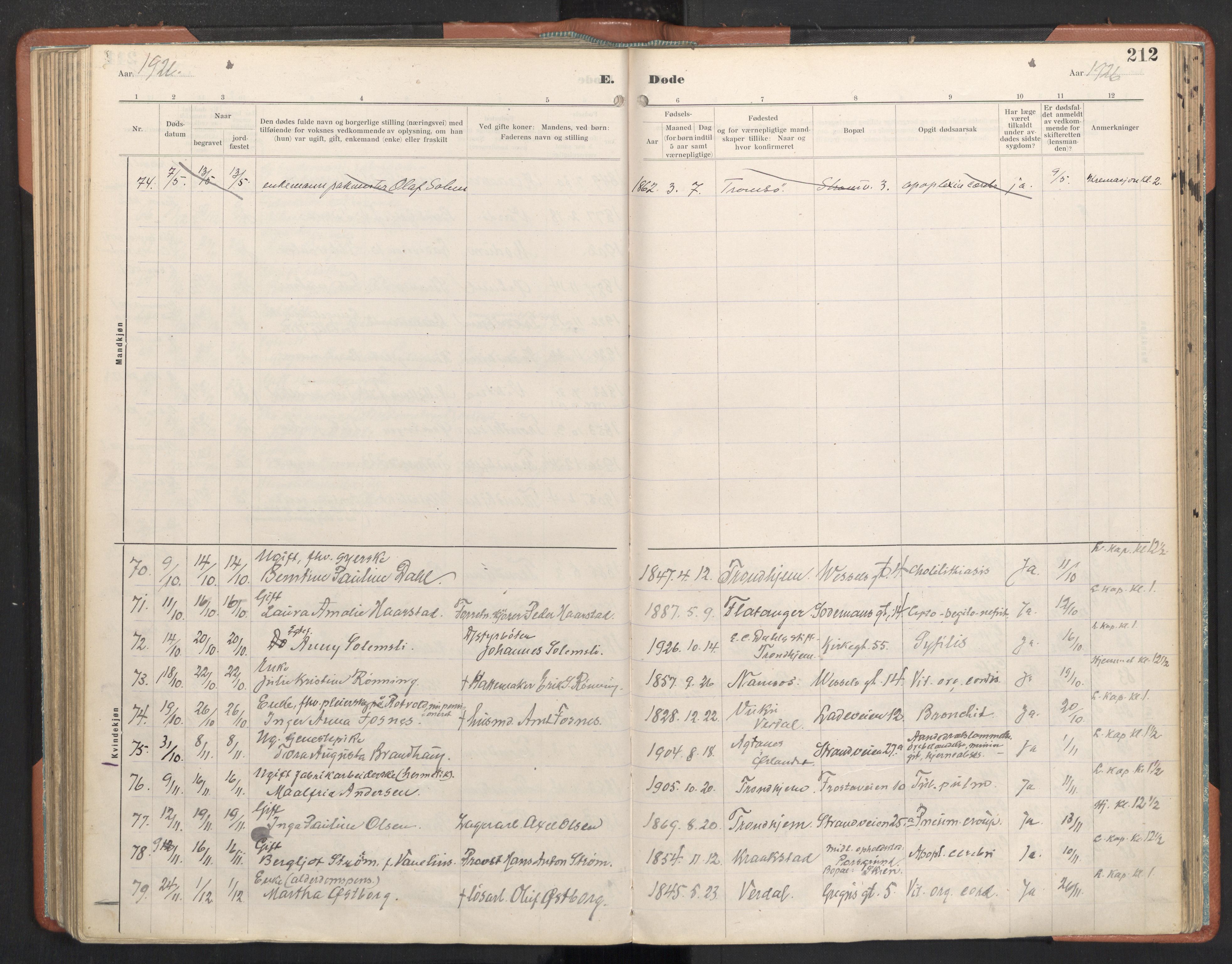 Ministerialprotokoller, klokkerbøker og fødselsregistre - Sør-Trøndelag, AV/SAT-A-1456/605/L0245: Parish register (official) no. 605A07, 1916-1938, p. 212