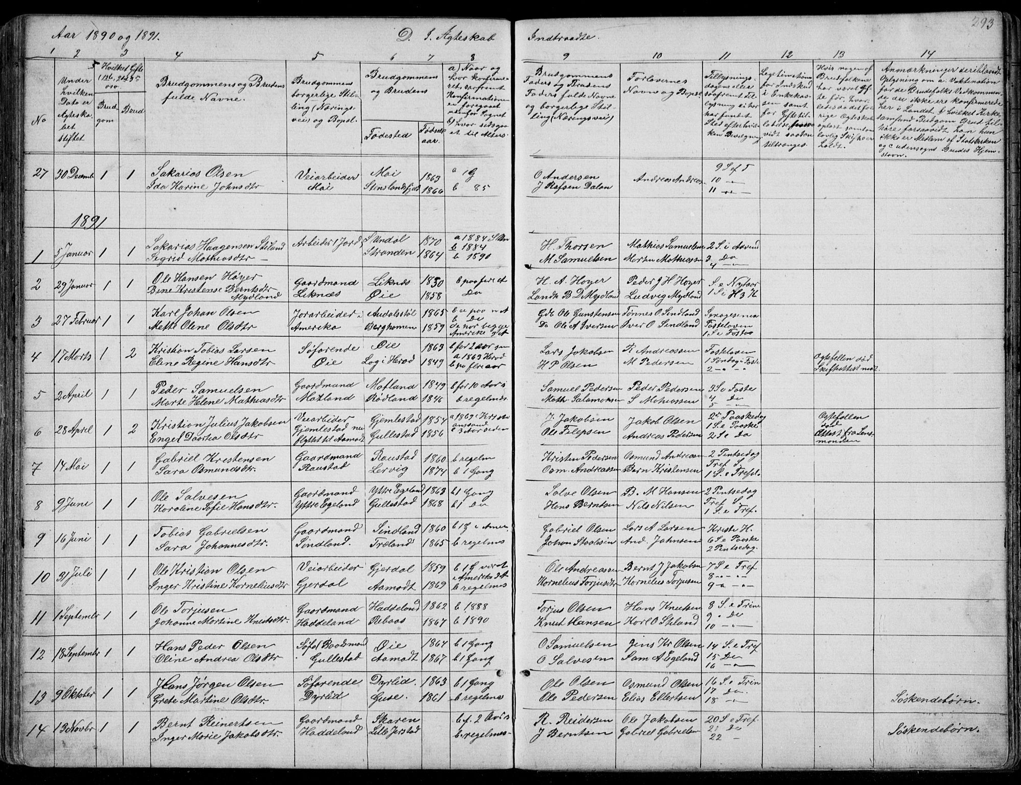 Kvinesdal sokneprestkontor, AV/SAK-1111-0026/F/Fb/Fbb/L0002: Parish register (copy) no. B 2, 1873-1897, p. 293