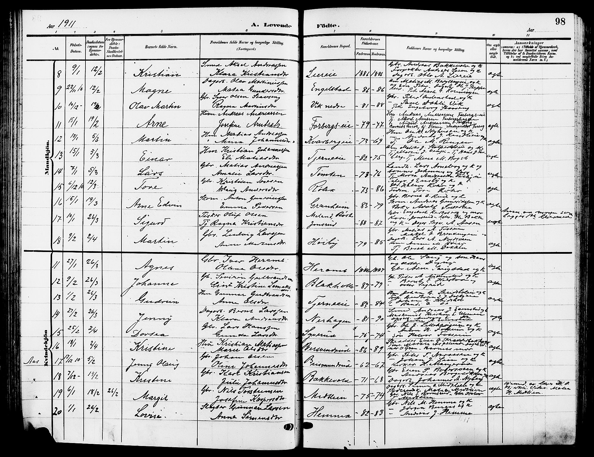 Ringsaker prestekontor, SAH/PREST-014/L/La/L0015: Parish register (copy) no. 15, 1903-1912, p. 98