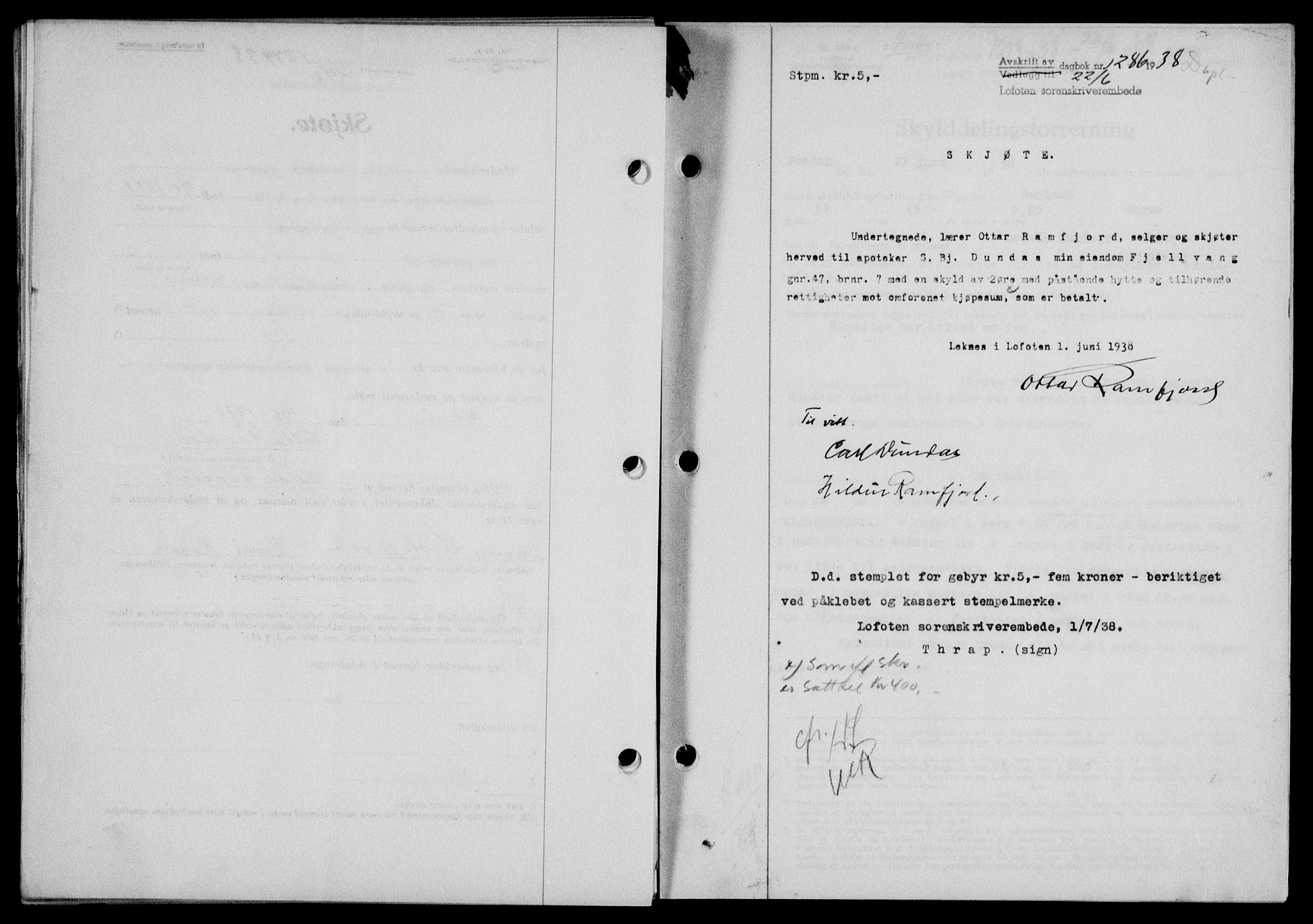 Lofoten sorenskriveri, SAT/A-0017/1/2/2C/L0004a: Mortgage book no. 4a, 1938-1938, Diary no: : 1286/1938