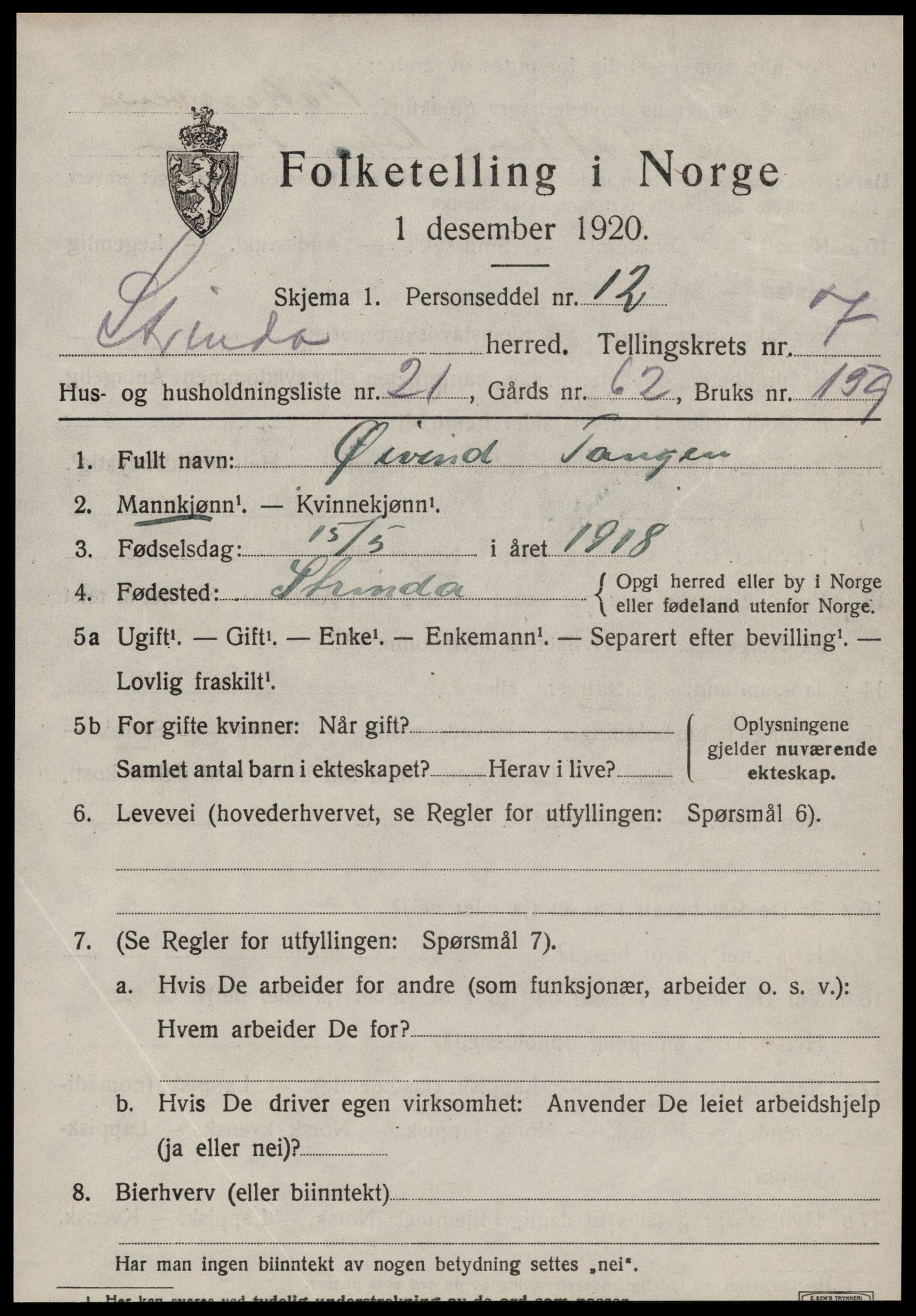 SAT, 1920 census for Strinda, 1920, p. 17568