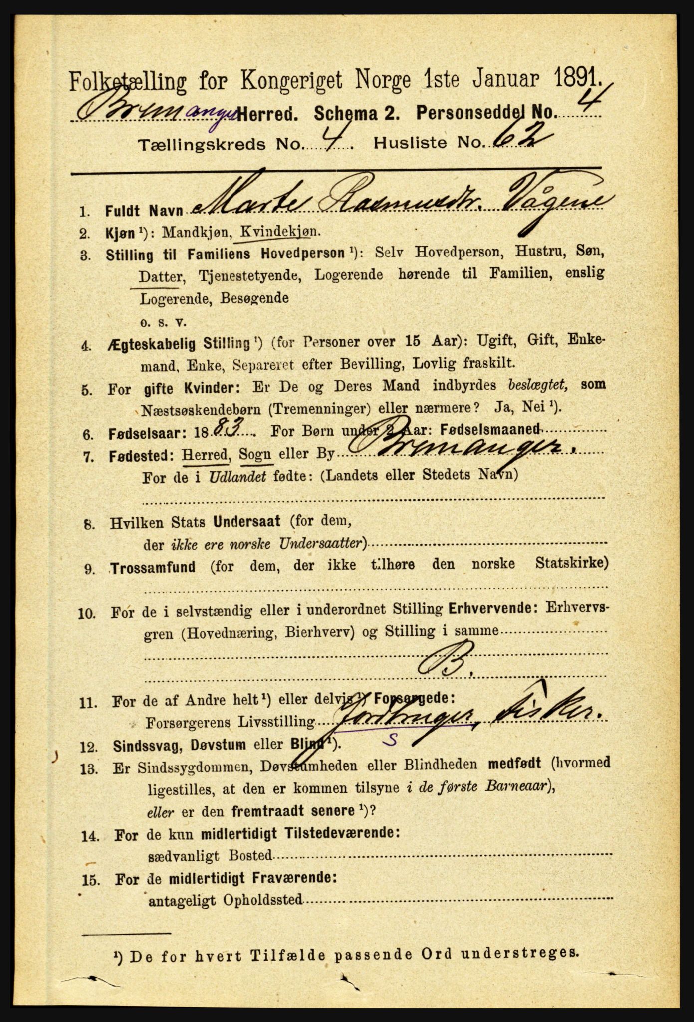 RA, 1891 census for 1438 Bremanger, 1891, p. 1894