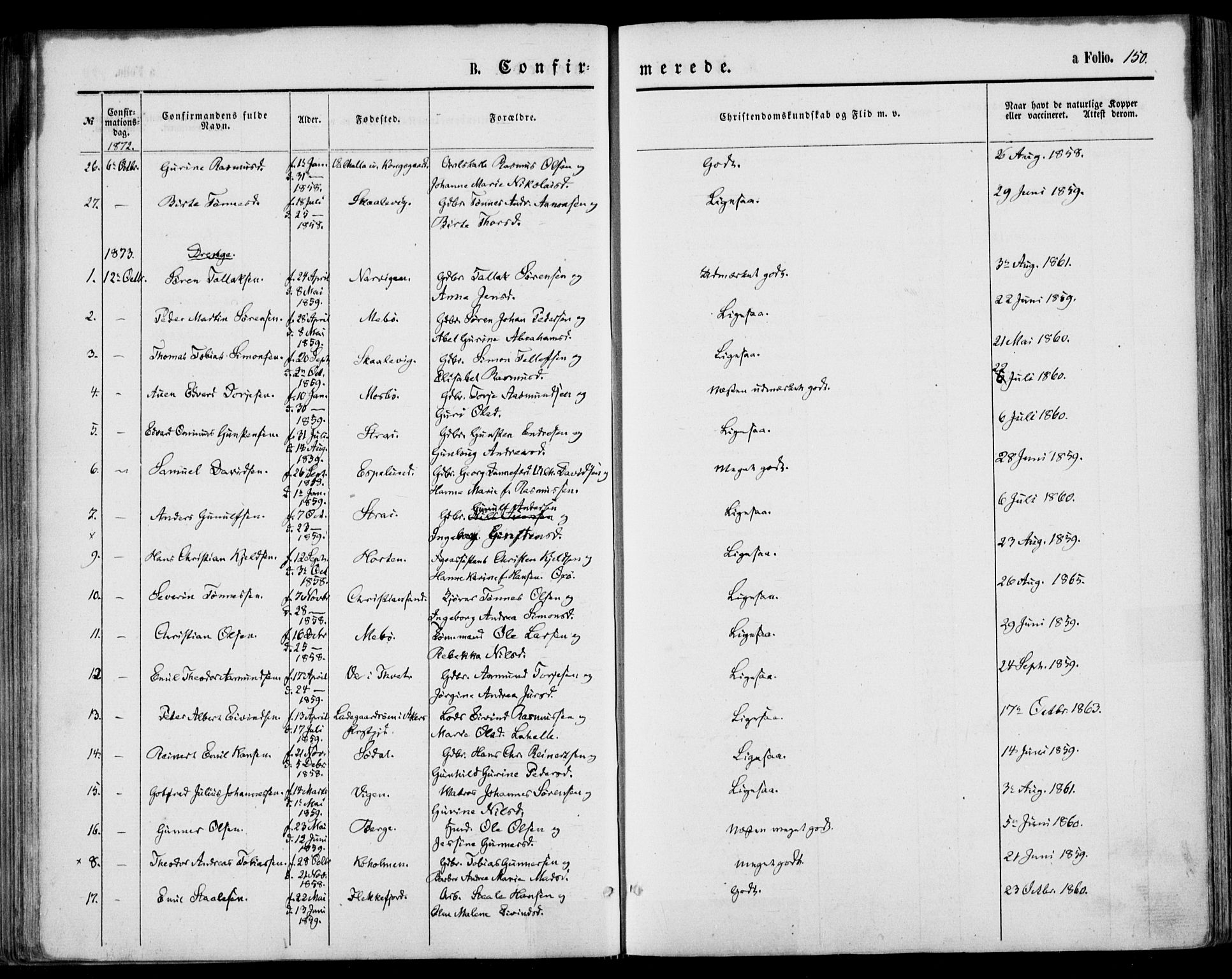 Oddernes sokneprestkontor, AV/SAK-1111-0033/F/Fa/Faa/L0008: Parish register (official) no. A 8, 1864-1880, p. 150